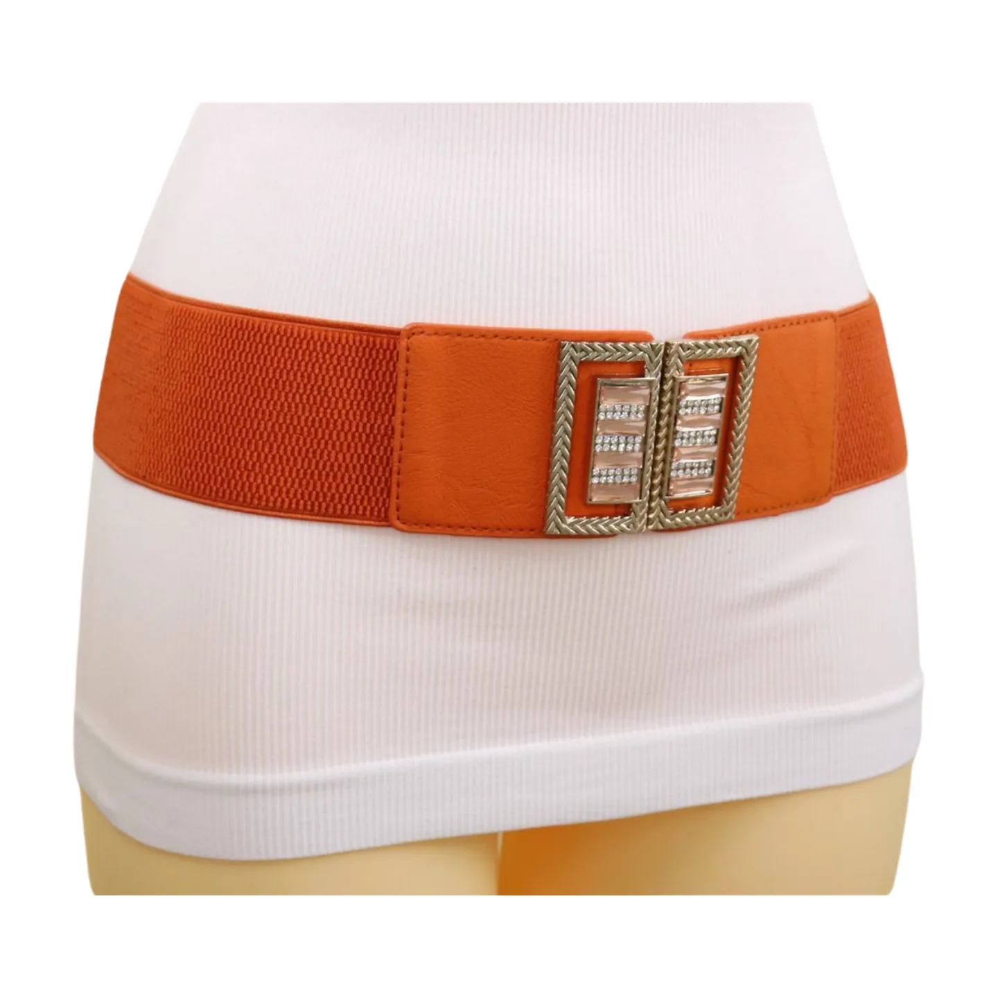 New Women Orange Elastic Belt Gold Bling Square Buckle S M