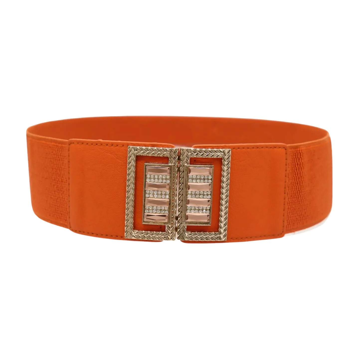 New Women Orange Elastic Belt Gold Bling Square Buckle S M