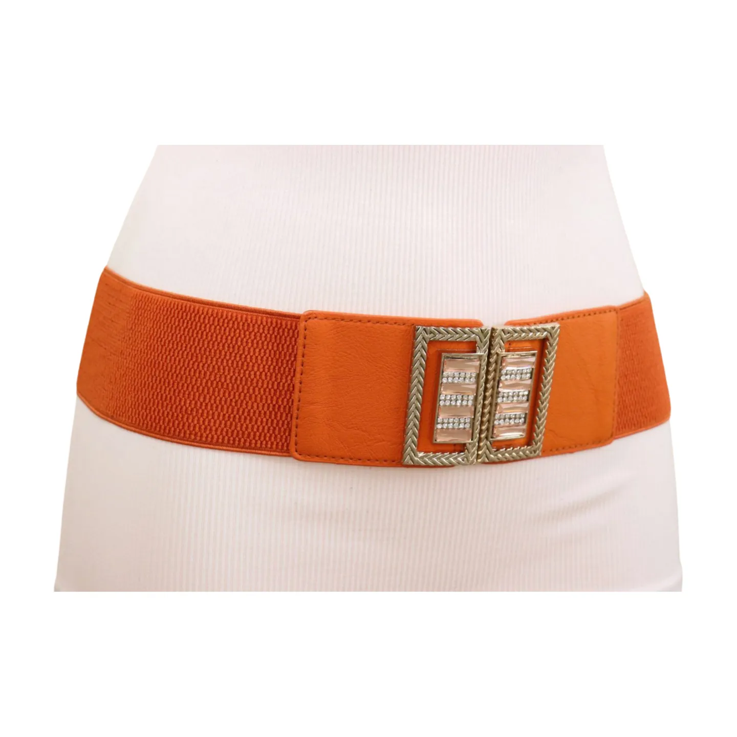 New Women Orange Elastic Belt Gold Bling Square Buckle S M