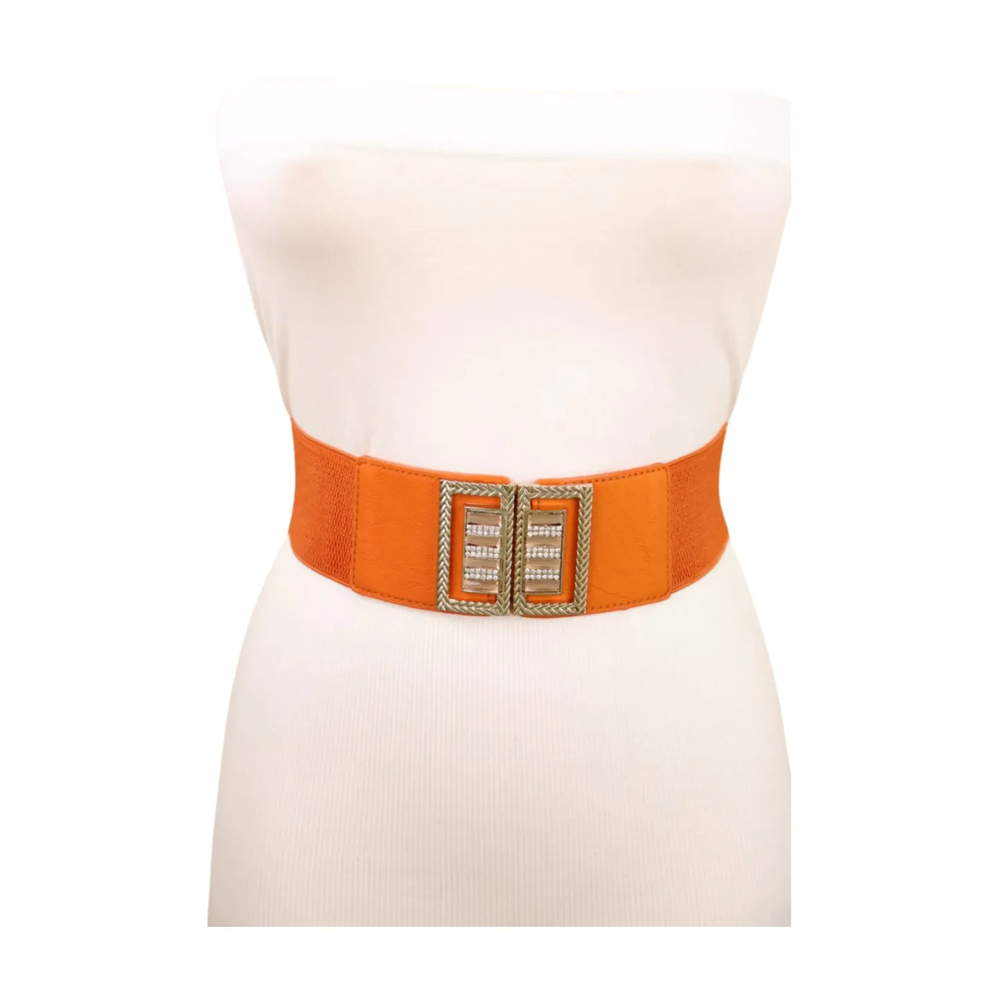 New Women Orange Elastic Belt Gold Bling Square Buckle S M