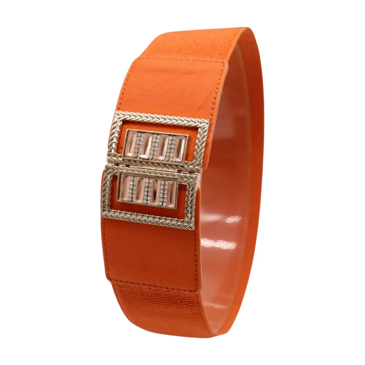 New Women Orange Elastic Belt Gold Bling Square Buckle S M