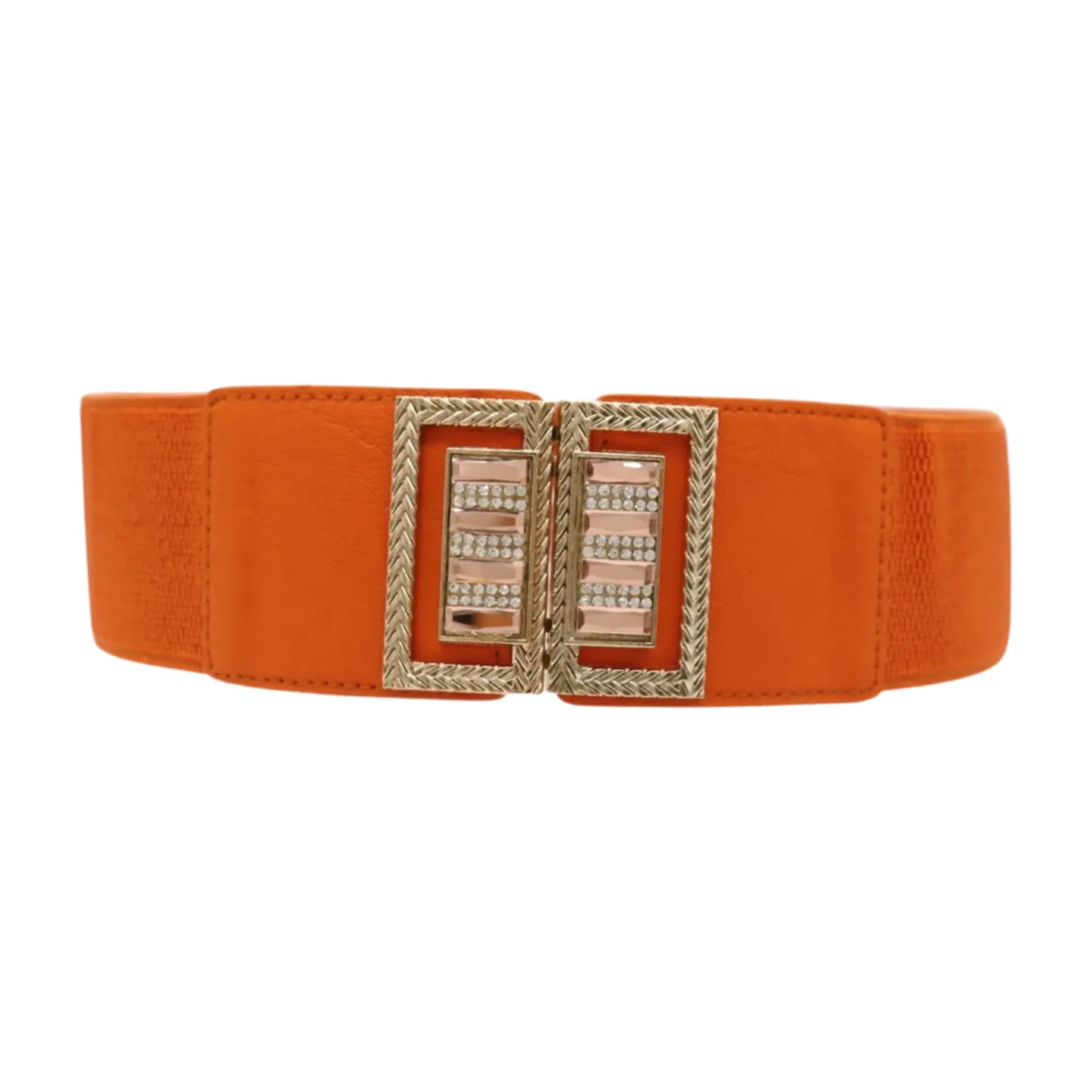 New Women Orange Elastic Belt Gold Bling Square Buckle S M
