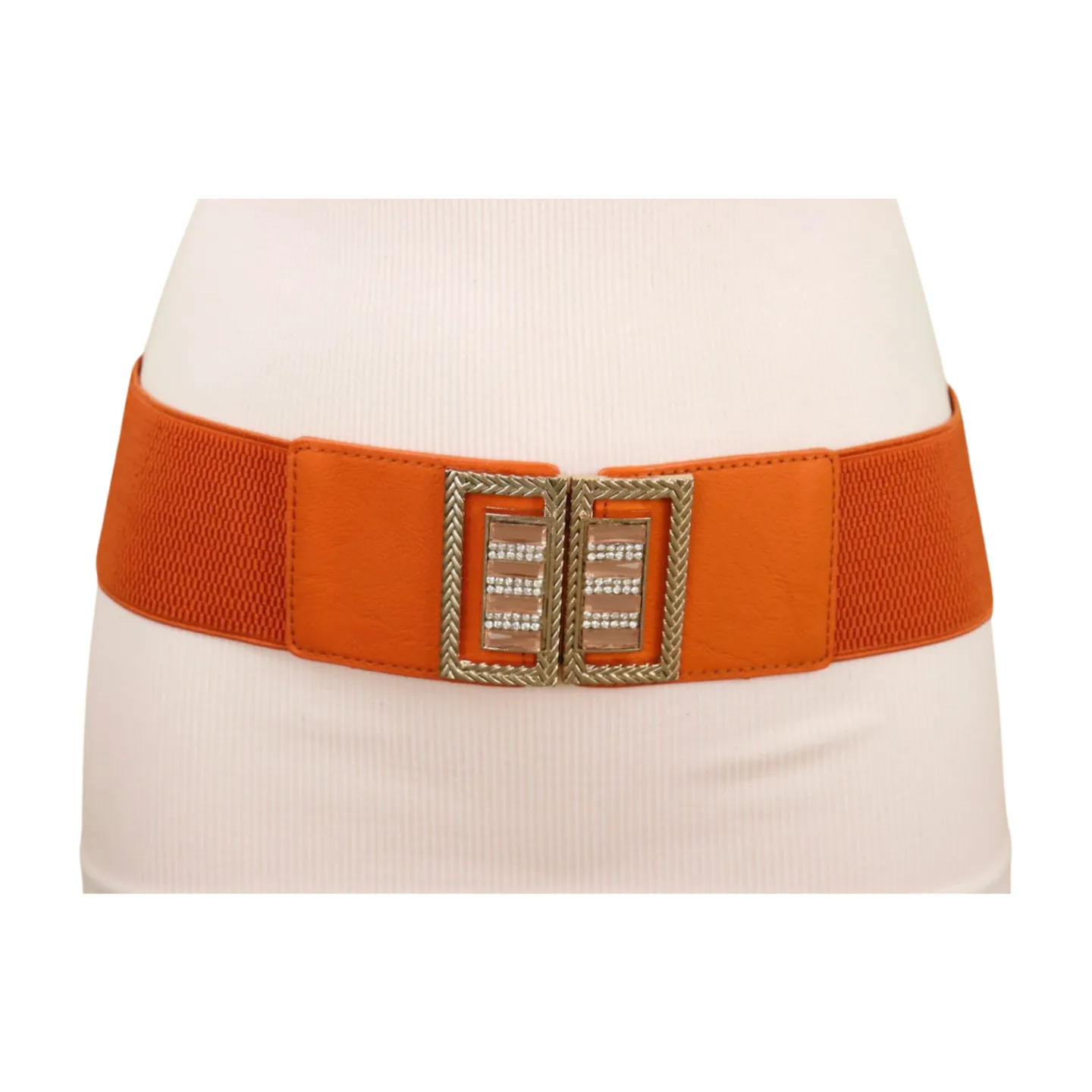 New Women Orange Elastic Belt Gold Bling Square Buckle S M