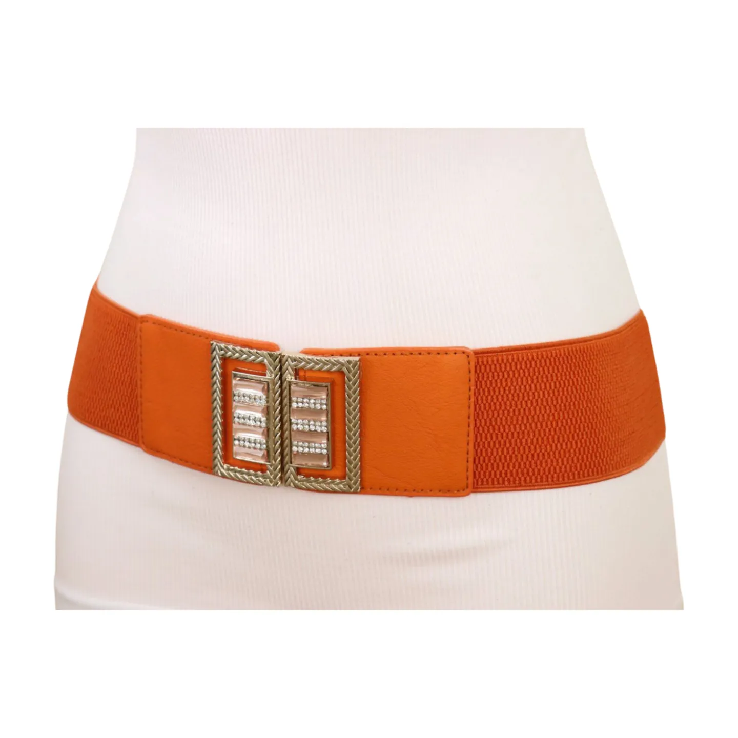 New Women Orange Elastic Belt Gold Bling Square Buckle S M