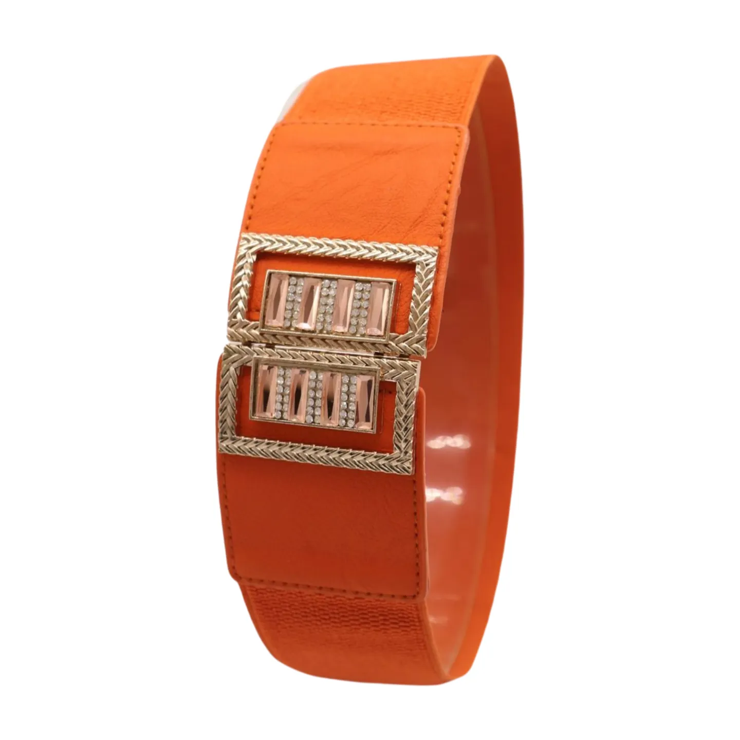 New Women Orange Elastic Belt Gold Bling Square Buckle S M