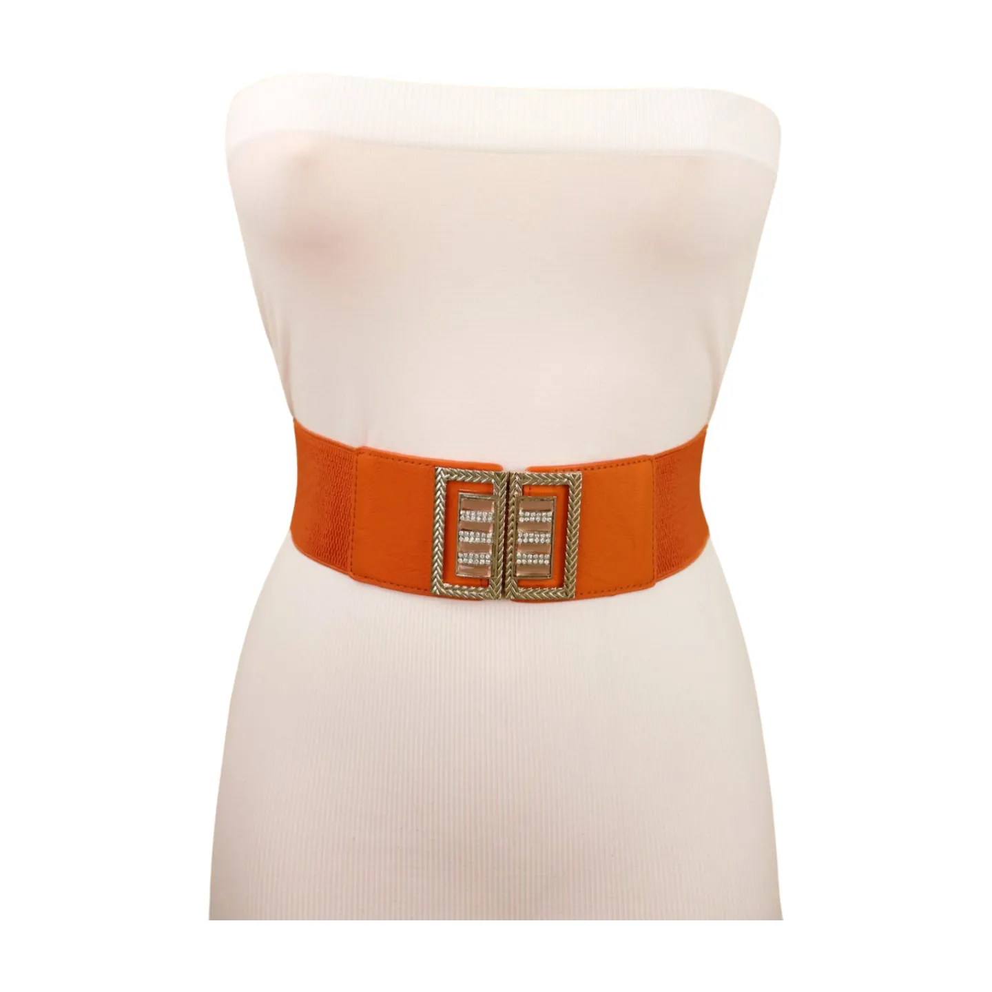 New Women Orange Elastic Belt Gold Bling Square Buckle S M