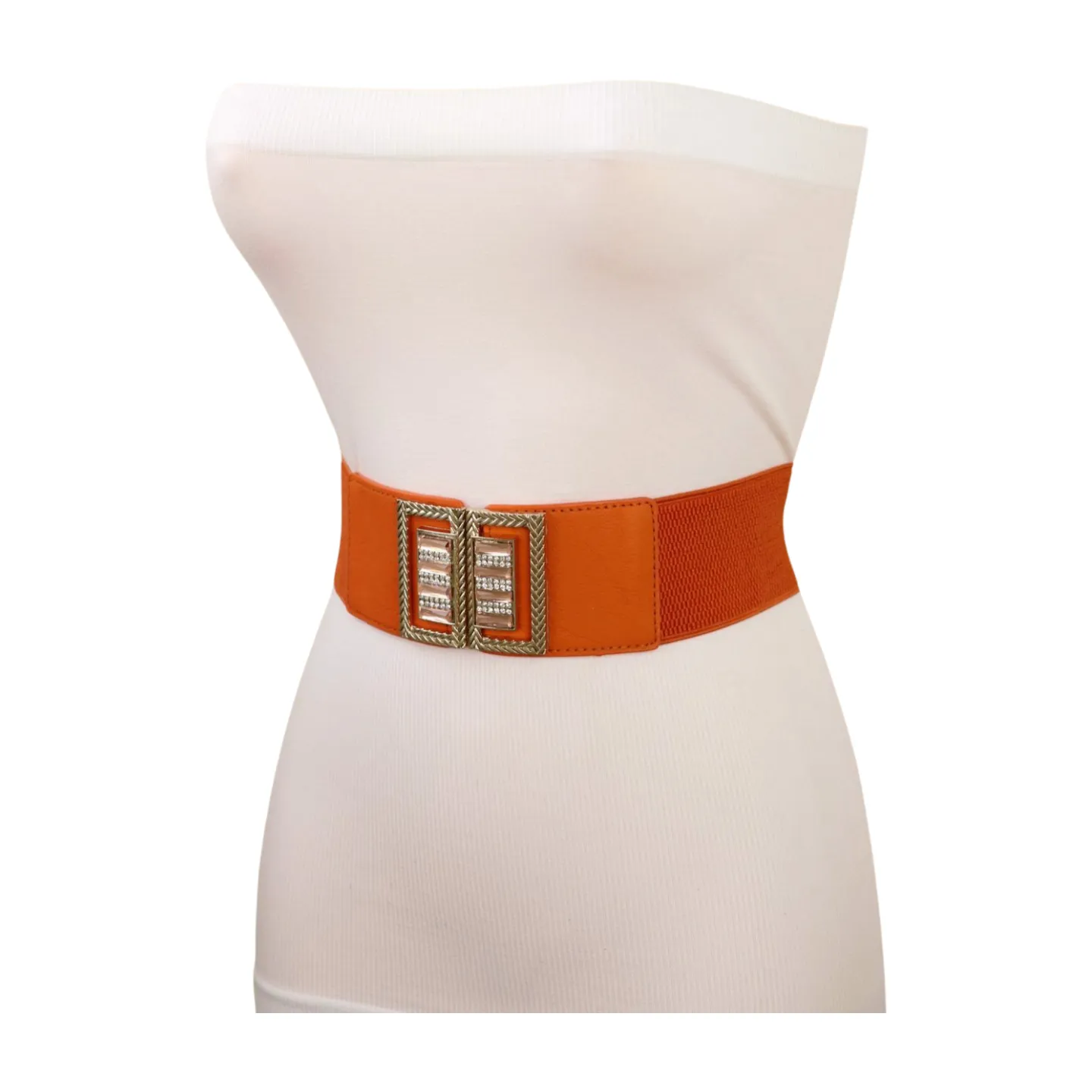 New Women Orange Elastic Belt Gold Bling Square Buckle S M