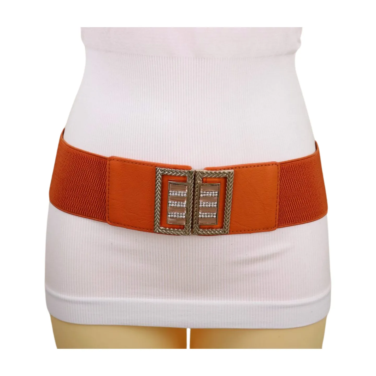 New Women Orange Elastic Belt Gold Bling Square Buckle S M