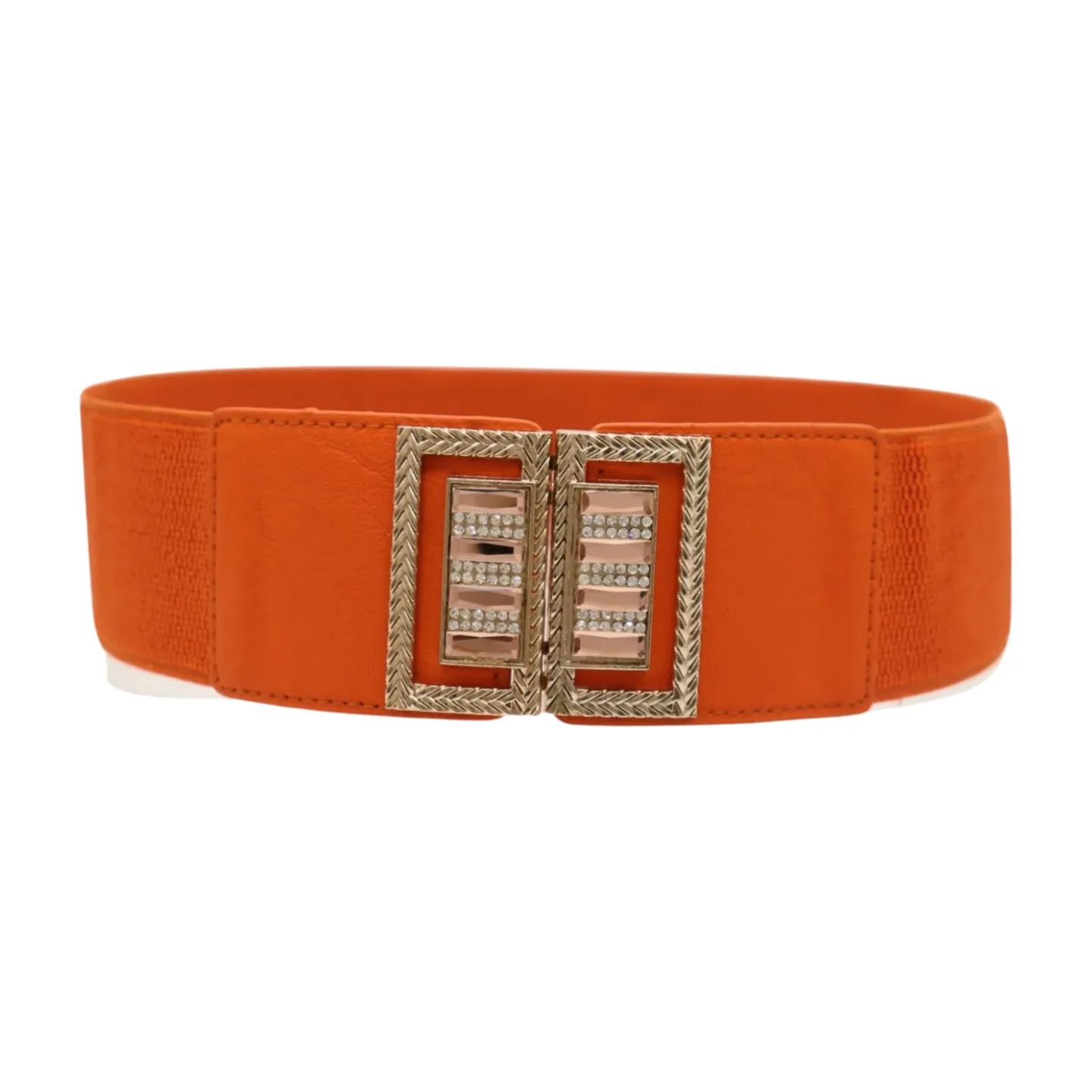New Women Orange Elastic Belt Gold Bling Square Buckle S M