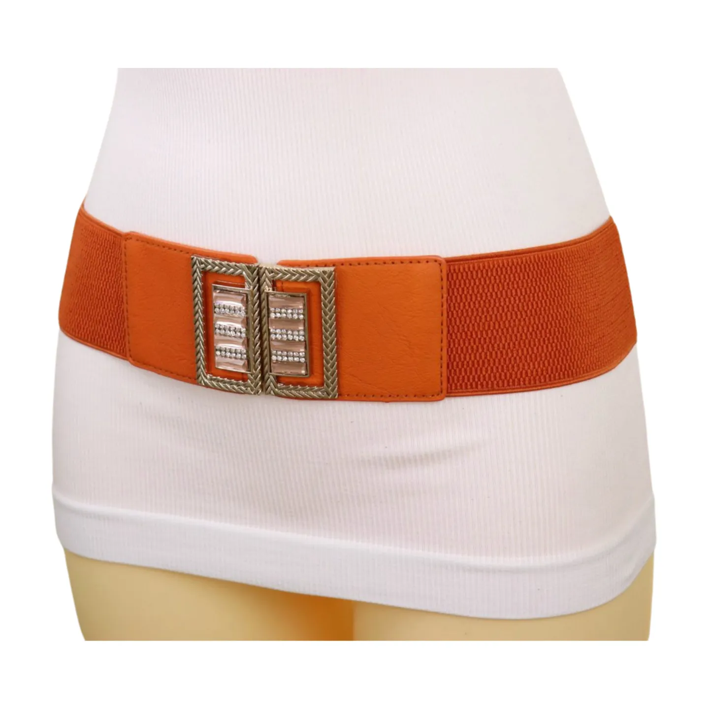 New Women Orange Elastic Belt Gold Bling Square Buckle S M