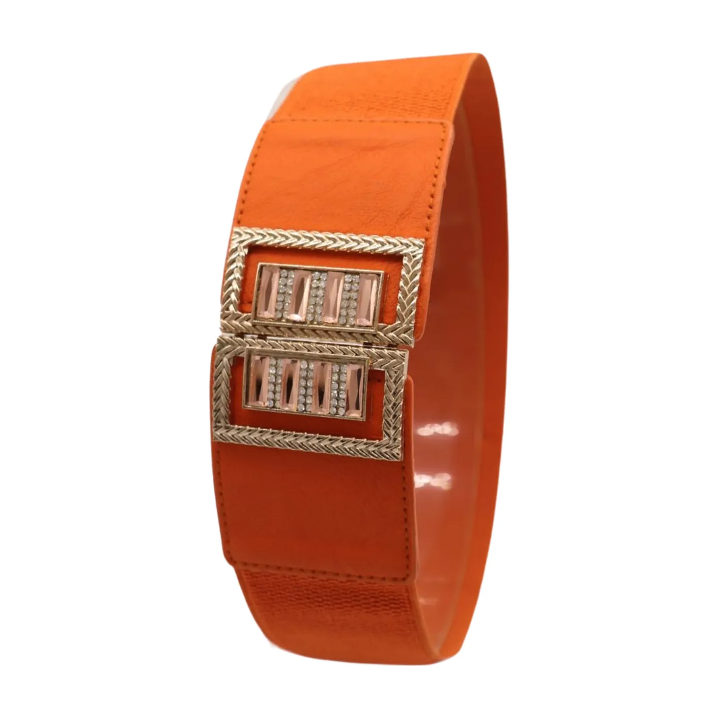 New Women Orange Elastic Belt Gold Bling Square Buckle S M