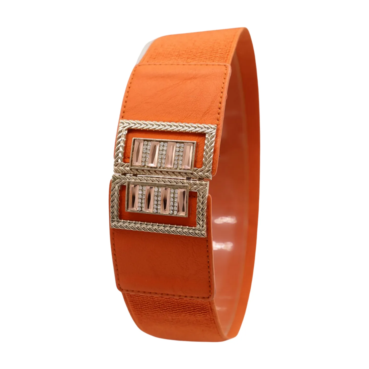New Women Orange Elastic Belt Gold Bling Square Buckle S M