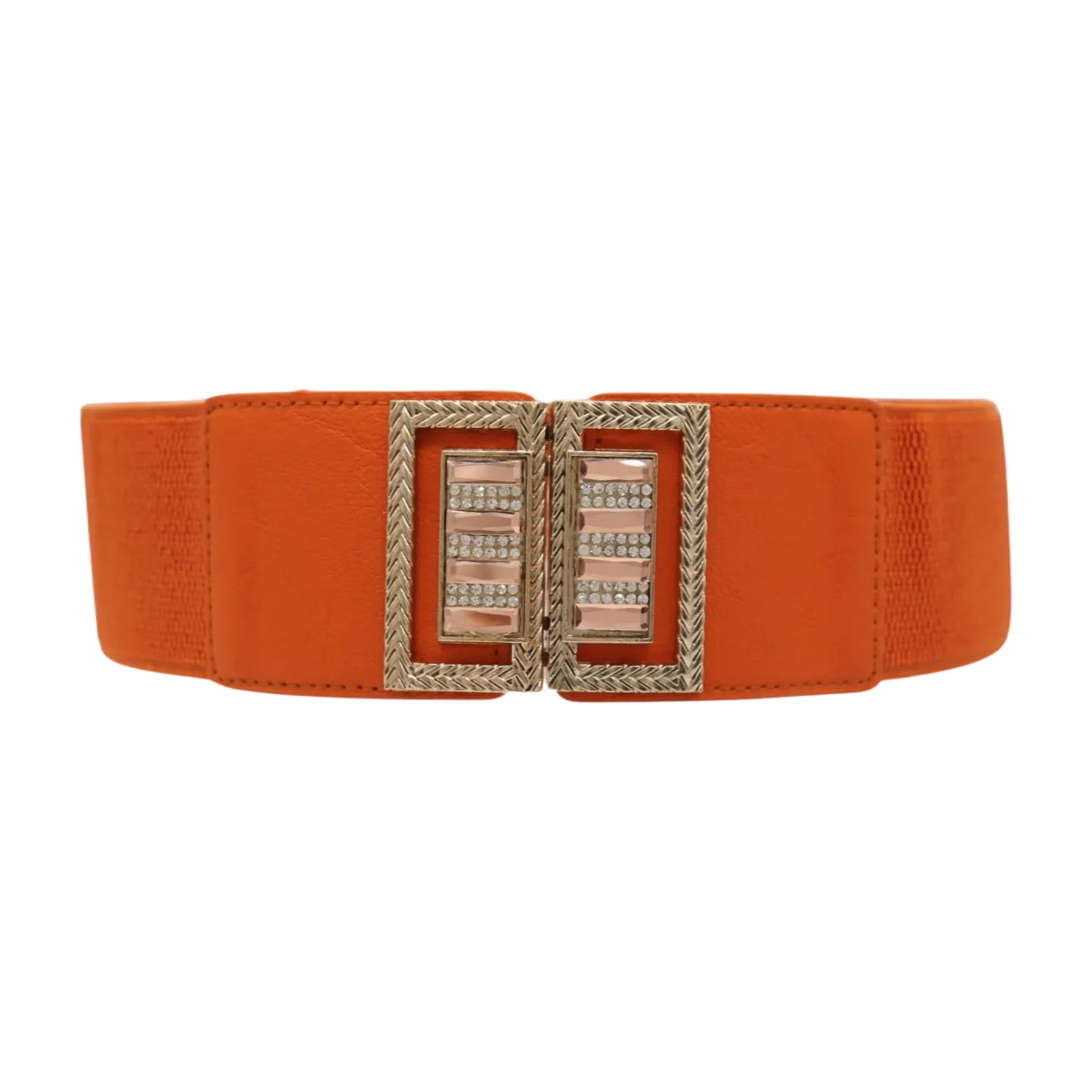 New Women Orange Elastic Belt Gold Bling Square Buckle S M