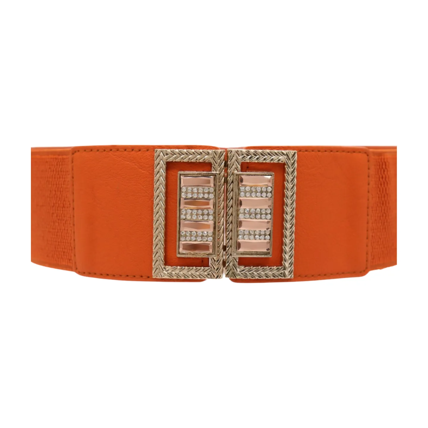 New Women Orange Elastic Belt Gold Bling Square Buckle S M