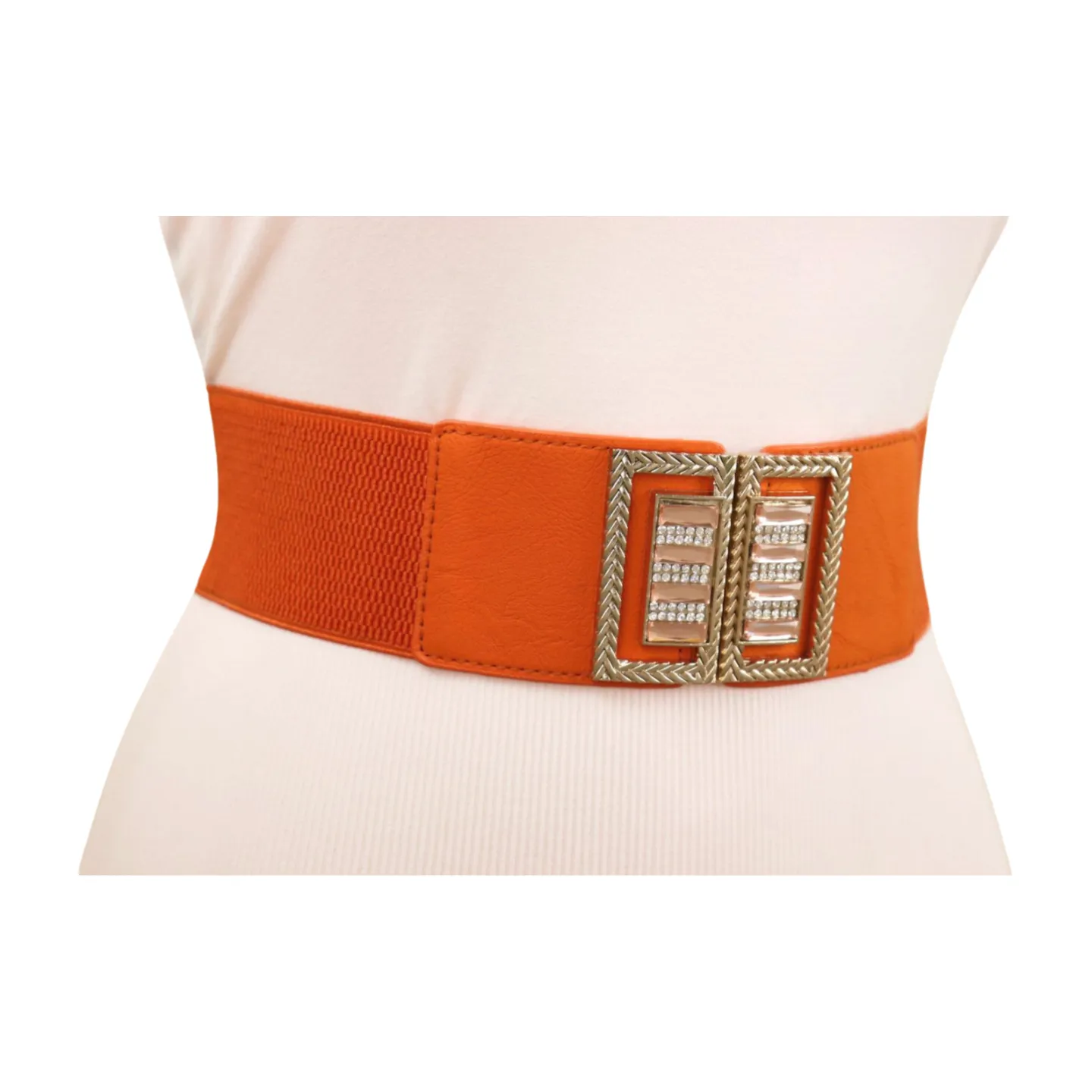 New Women Orange Elastic Belt Gold Bling Square Buckle S M