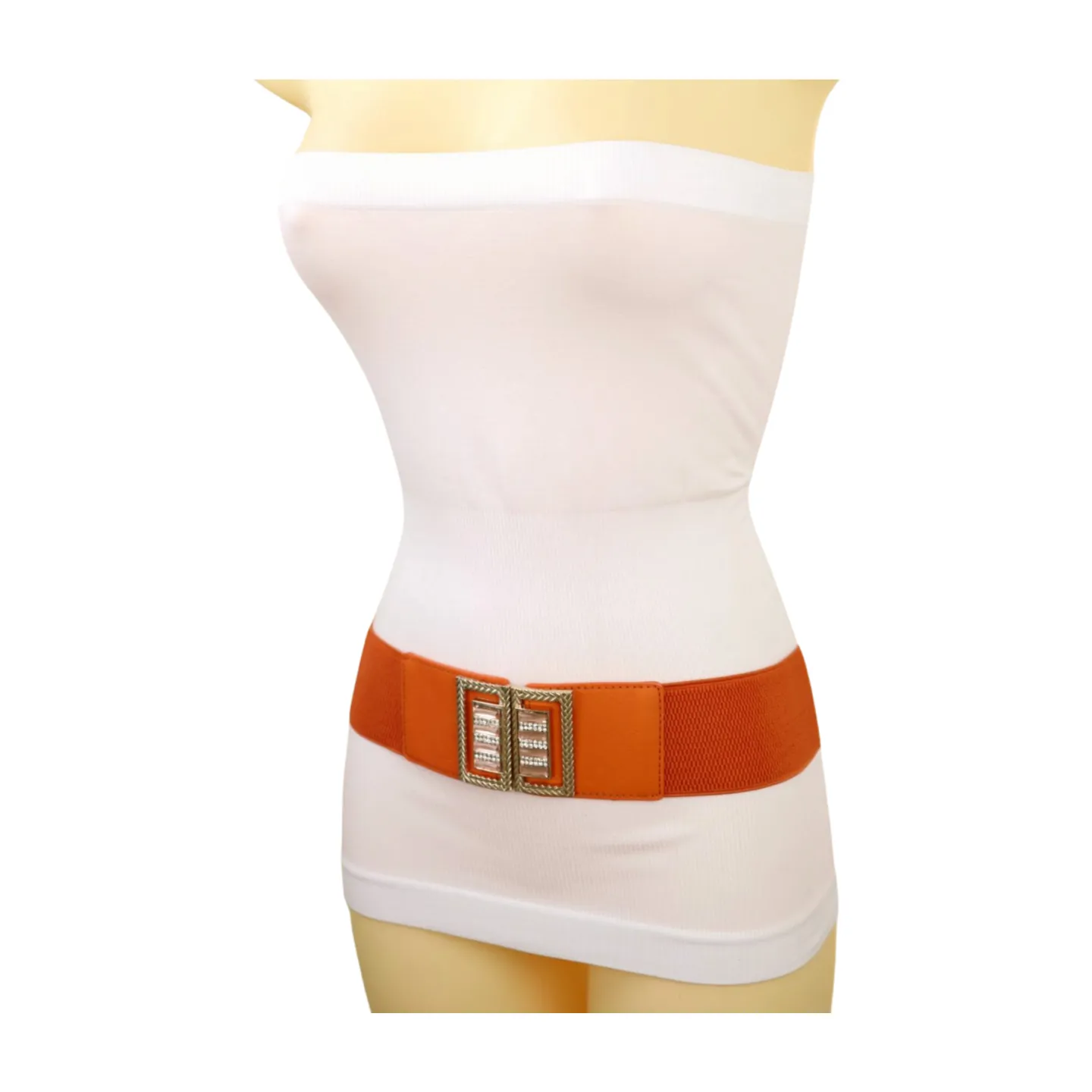 New Women Orange Elastic Belt Gold Bling Square Buckle S M