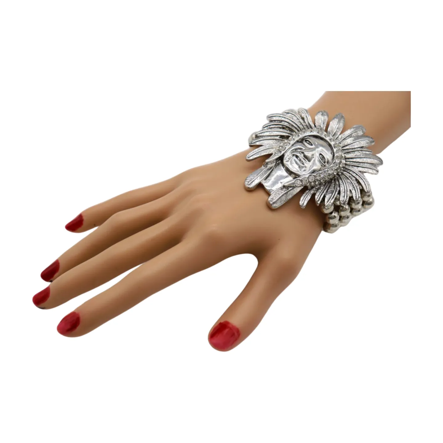 New Women Silver Elastic Band Metal Bracelet Native American Indian Face Head Fashion Jewelry