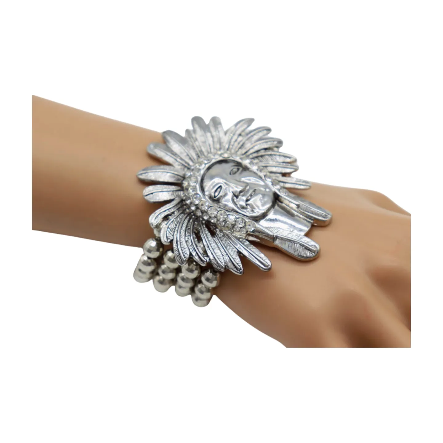 New Women Silver Elastic Band Metal Bracelet Native American Indian Face Head Fashion Jewelry