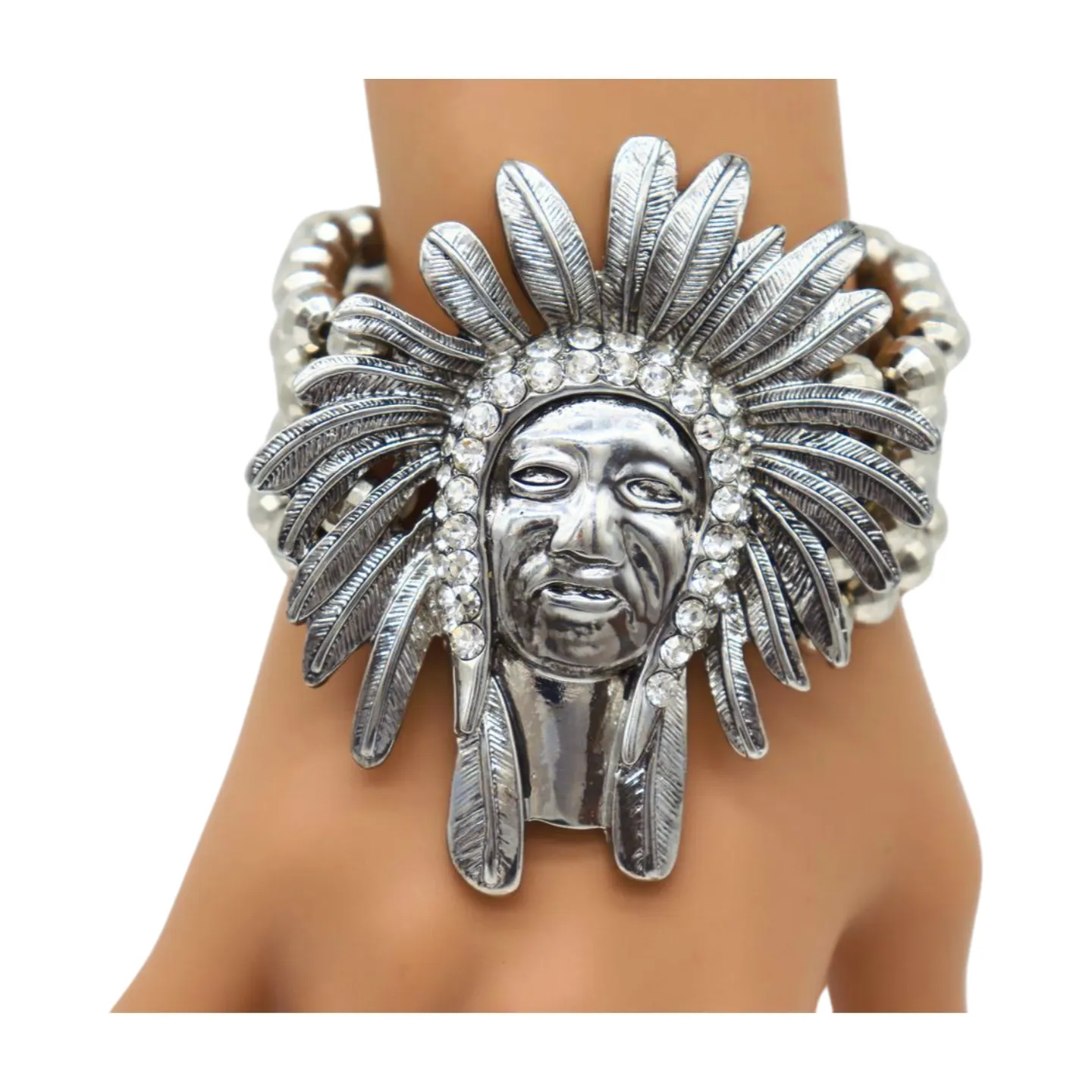 New Women Silver Elastic Band Metal Bracelet Native American Indian Face Head Fashion Jewelry
