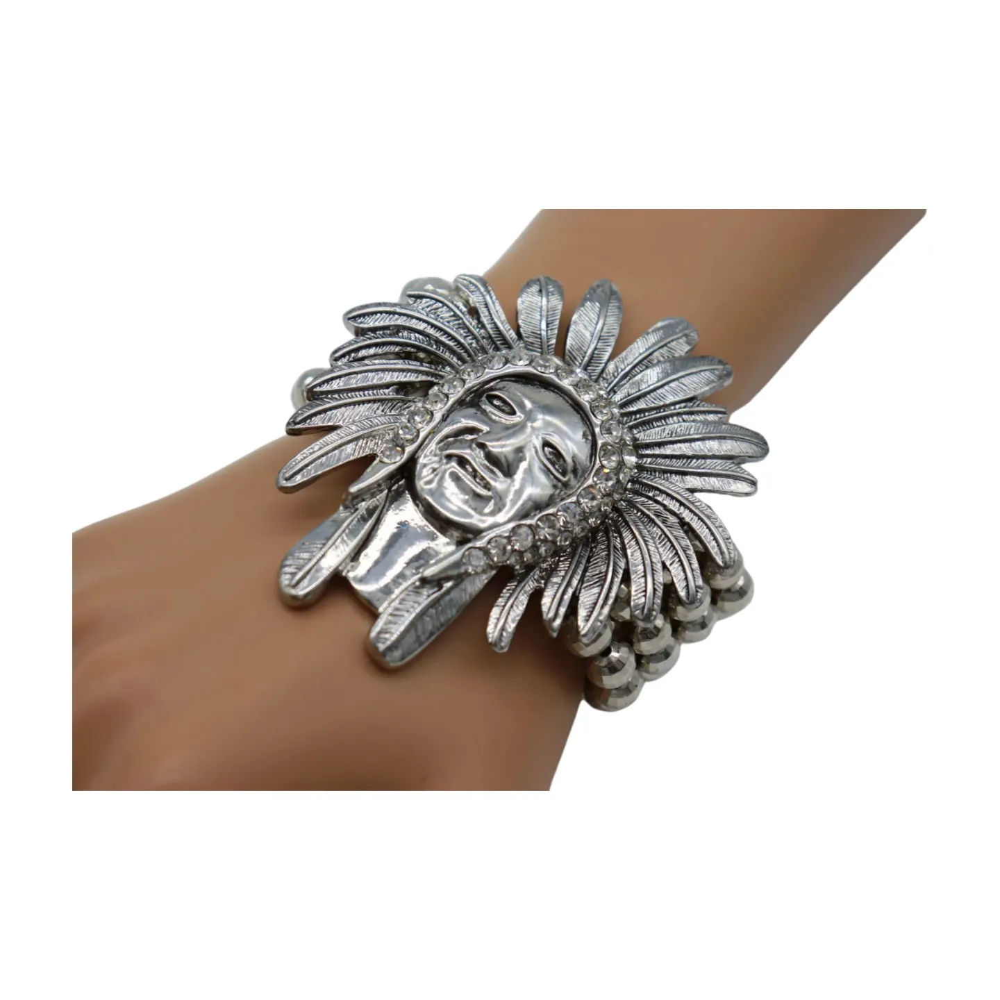 New Women Silver Elastic Band Metal Bracelet Native American Indian Face Head Fashion Jewelry