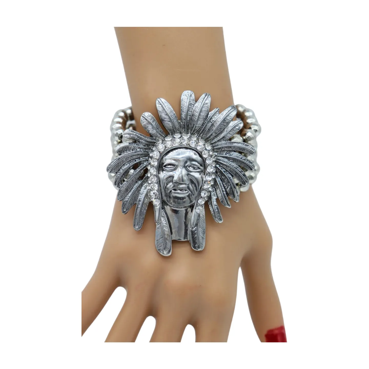 New Women Silver Elastic Band Metal Bracelet Native American Indian Face Head Fashion Jewelry