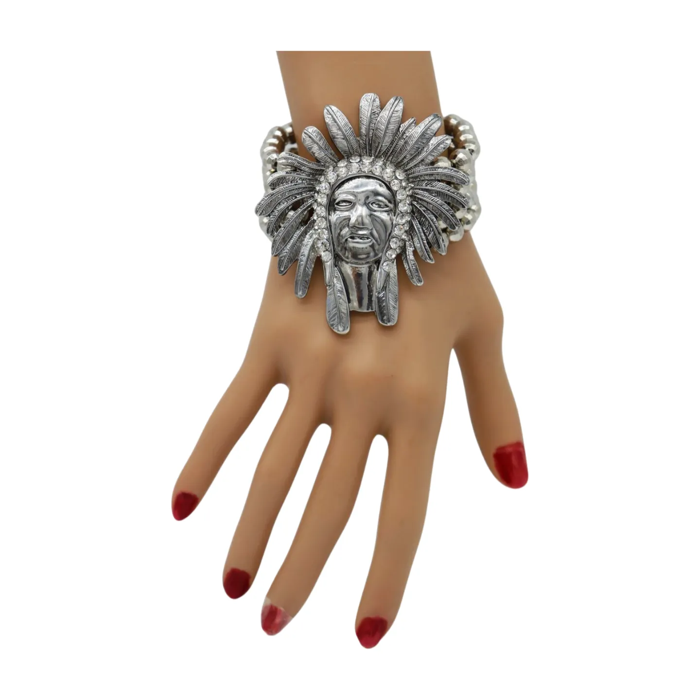 New Women Silver Elastic Band Metal Bracelet Native American Indian Face Head Fashion Jewelry