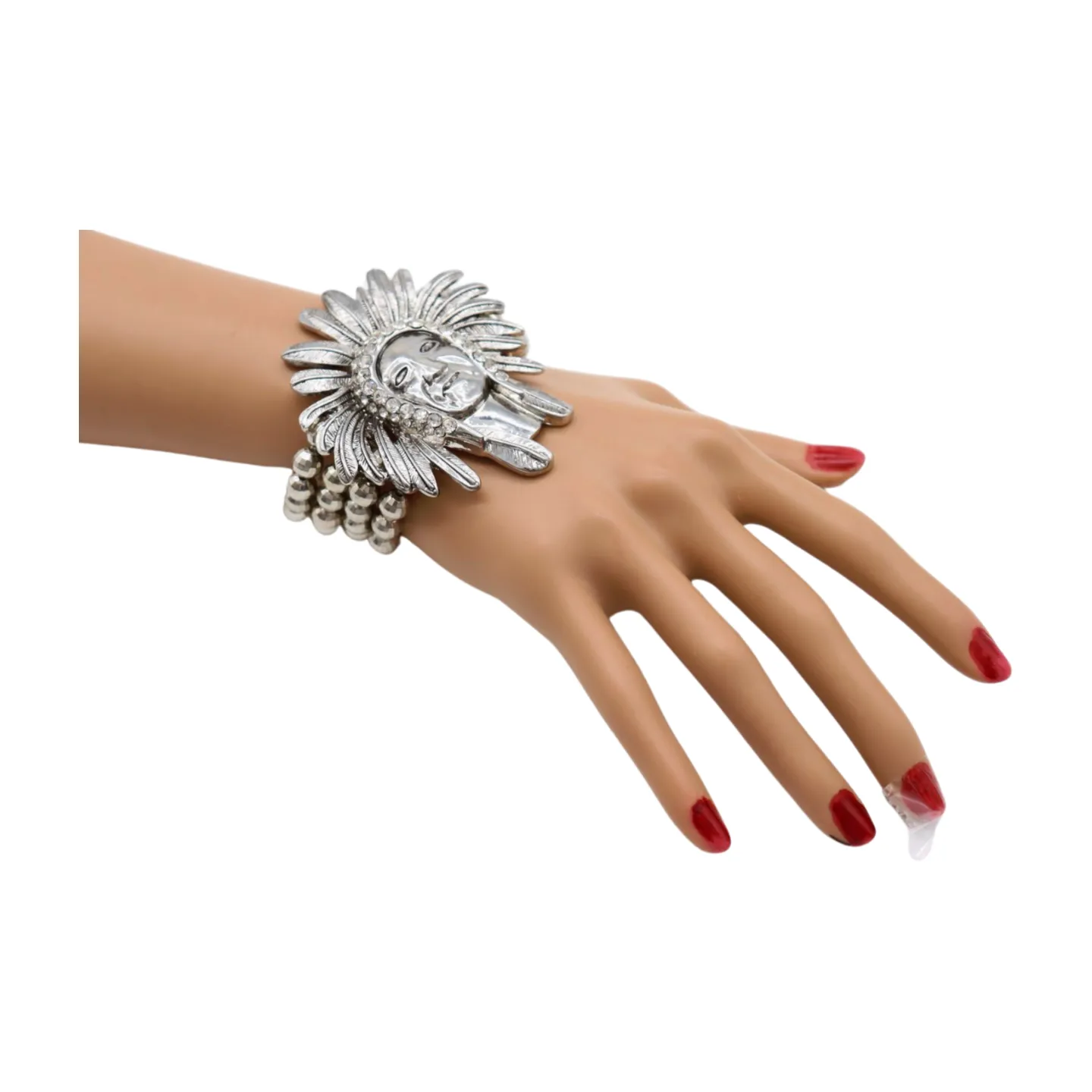 New Women Silver Elastic Band Metal Bracelet Native American Indian Face Head Fashion Jewelry