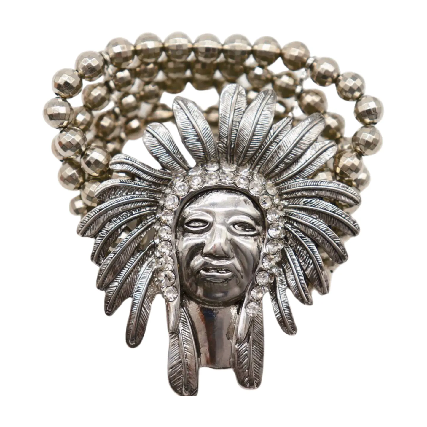 New Women Silver Elastic Band Metal Bracelet Native American Indian Face Head Fashion Jewelry