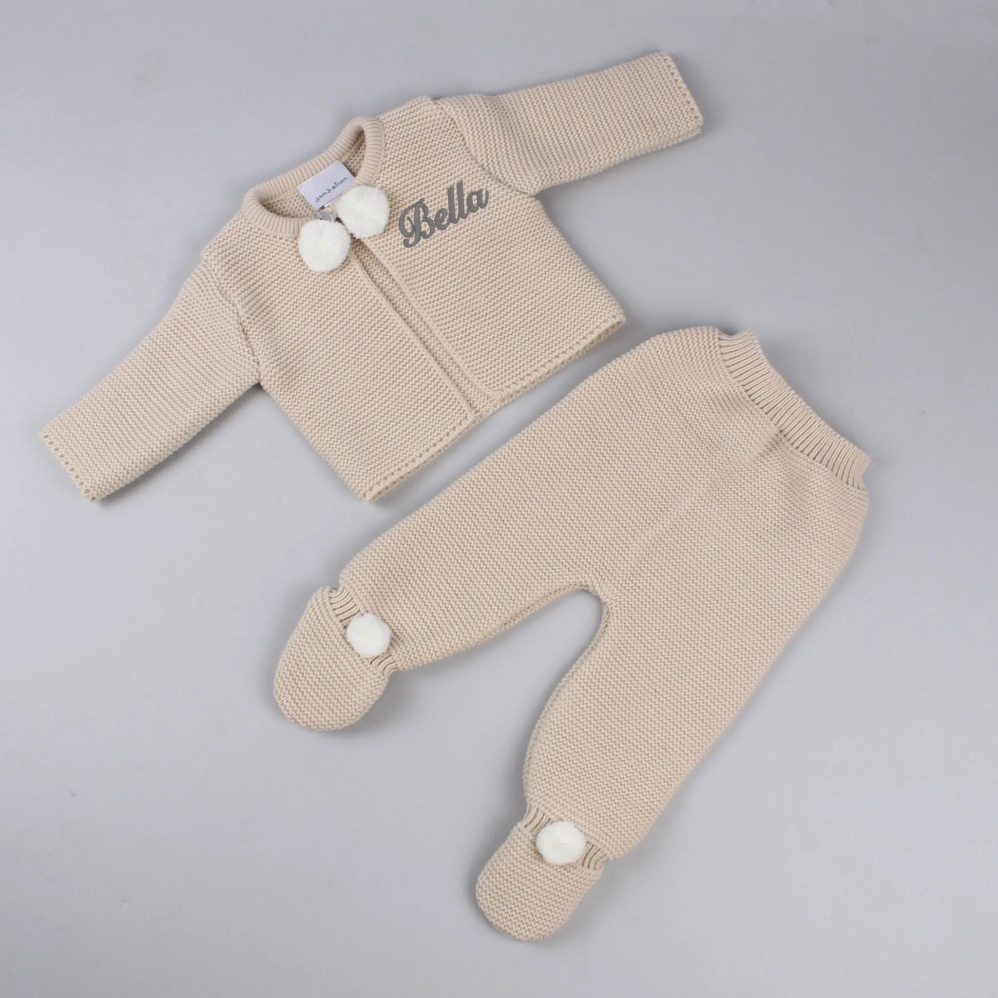 Personalised Unisex Baby Knitted Outfit - Spanish Style 2 Piece Pom Set Beige