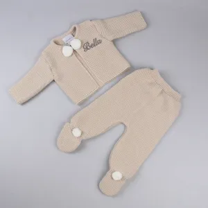 Personalised Unisex Baby Knitted Outfit - Spanish Style 2 Piece Pom Set Beige