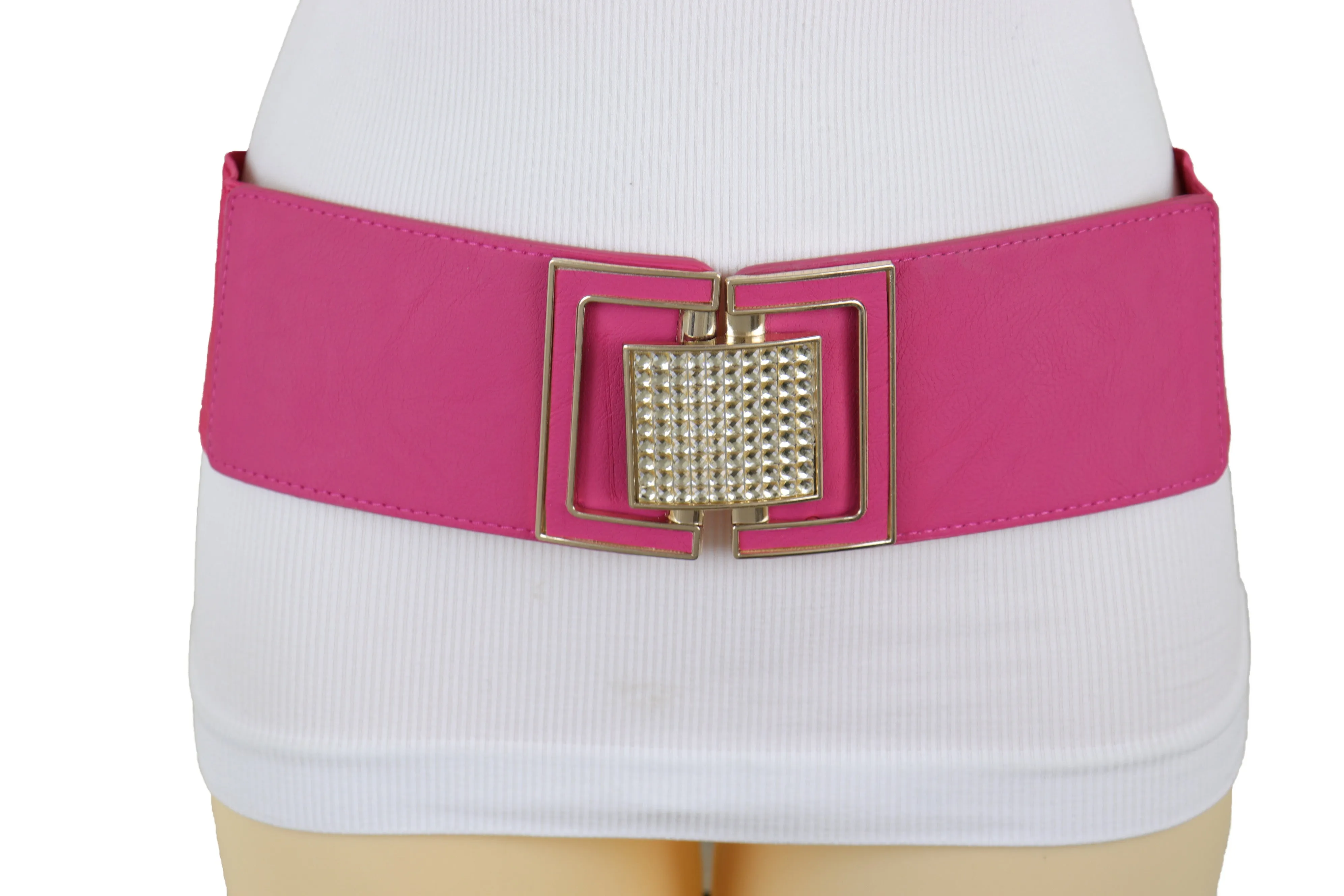 Pink Elastic Belt Gold Square Buckle Fit Size S M