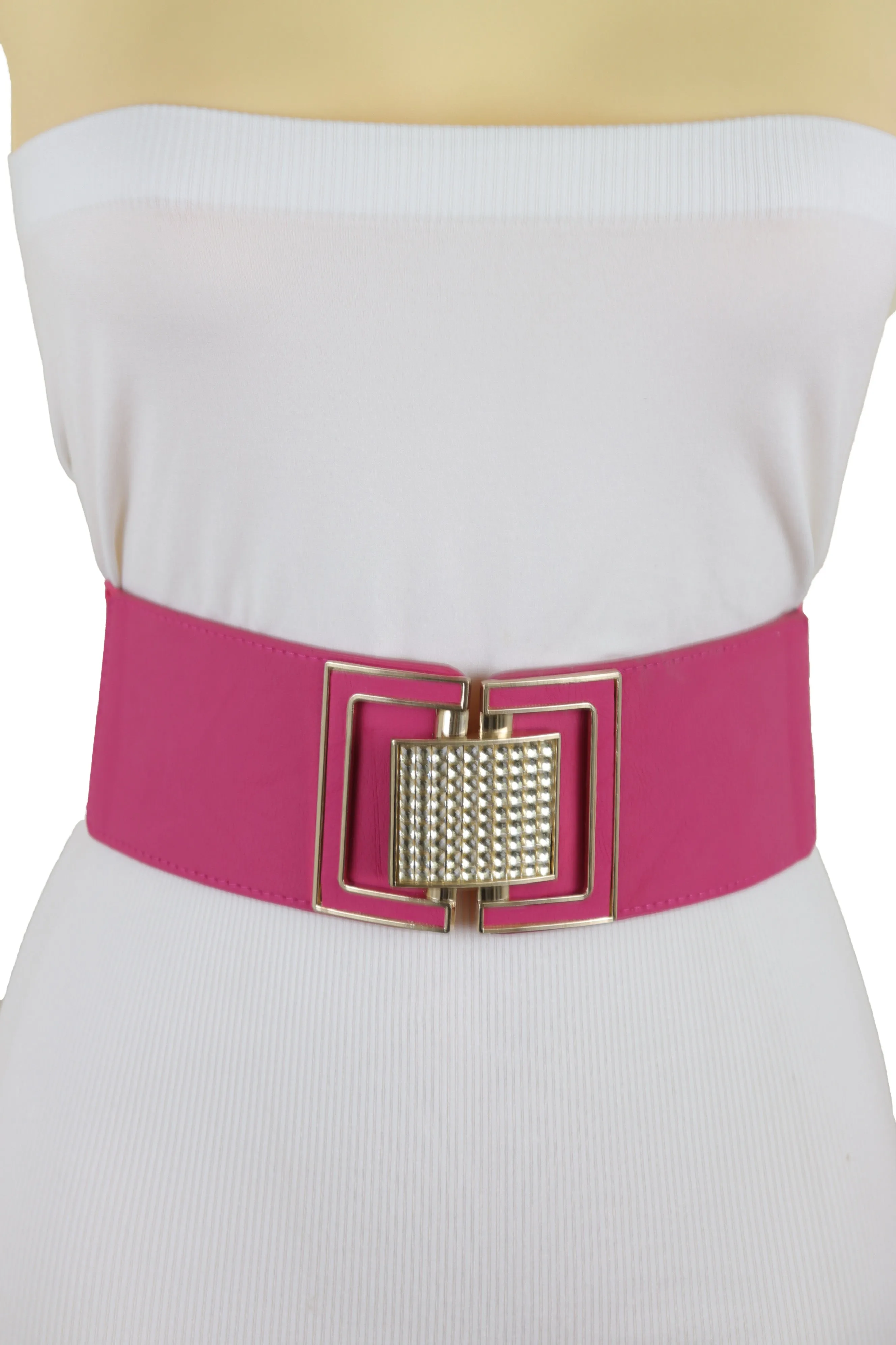 Pink Elastic Belt Gold Square Buckle Fit Size S M