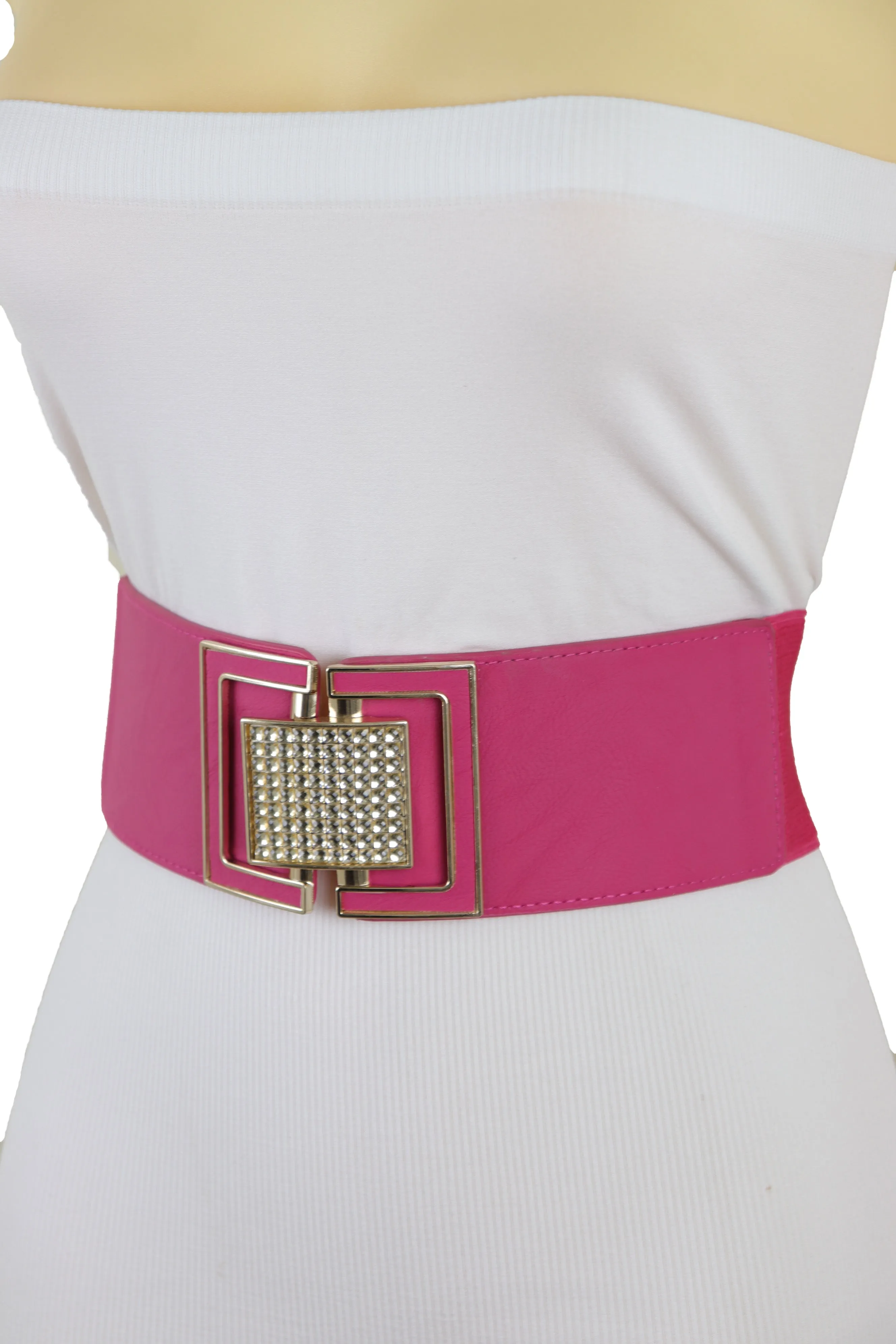 Pink Elastic Belt Gold Square Buckle Fit Size S M