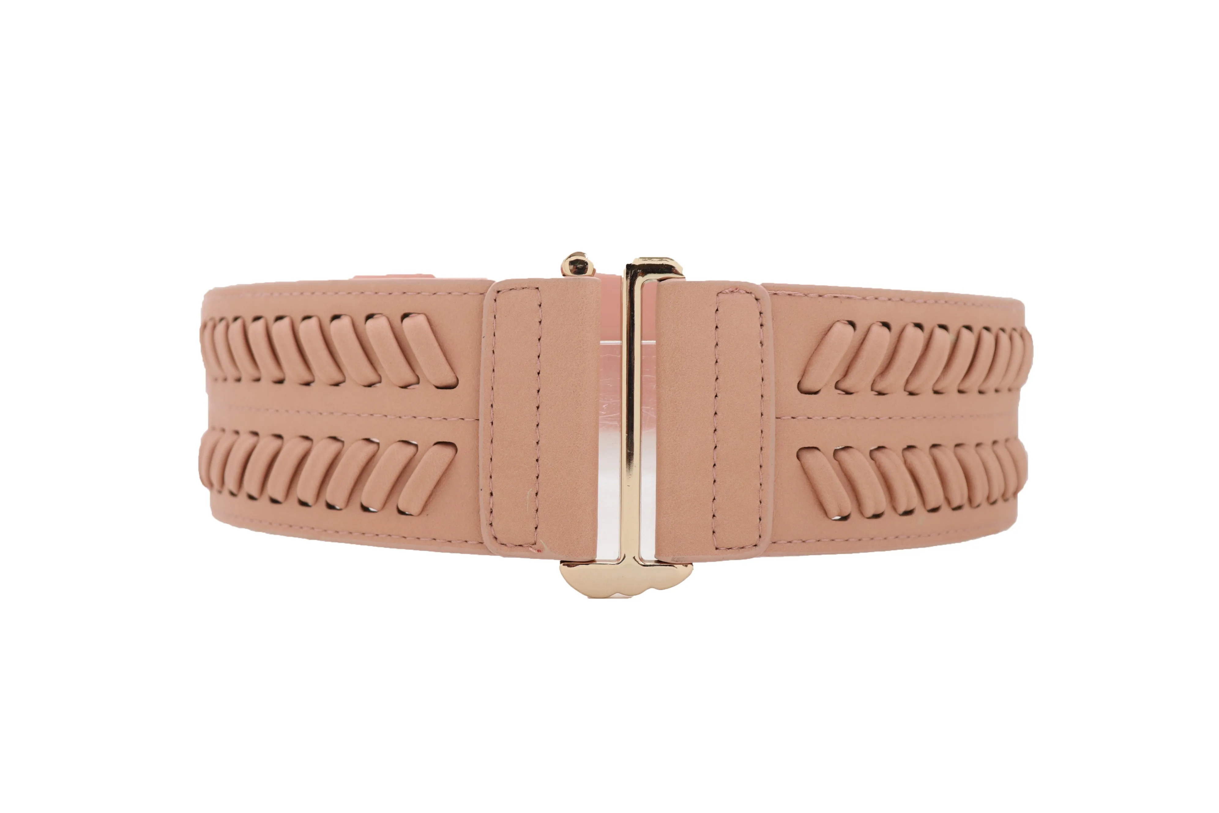 Pink Elastic Belt Gold Square Buckle Fit Size S M