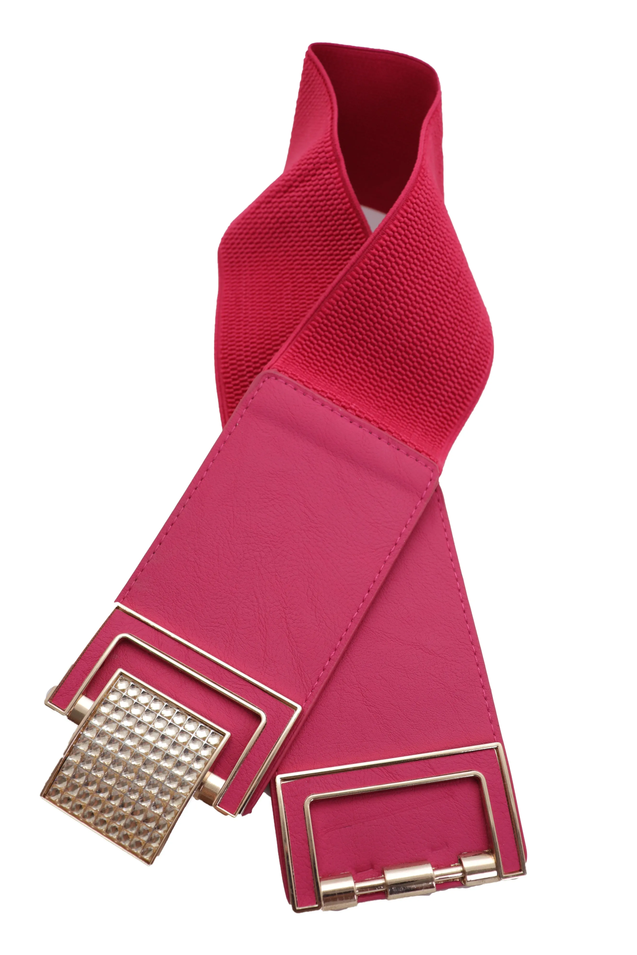Pink Elastic Belt Gold Square Buckle Fit Size S M
