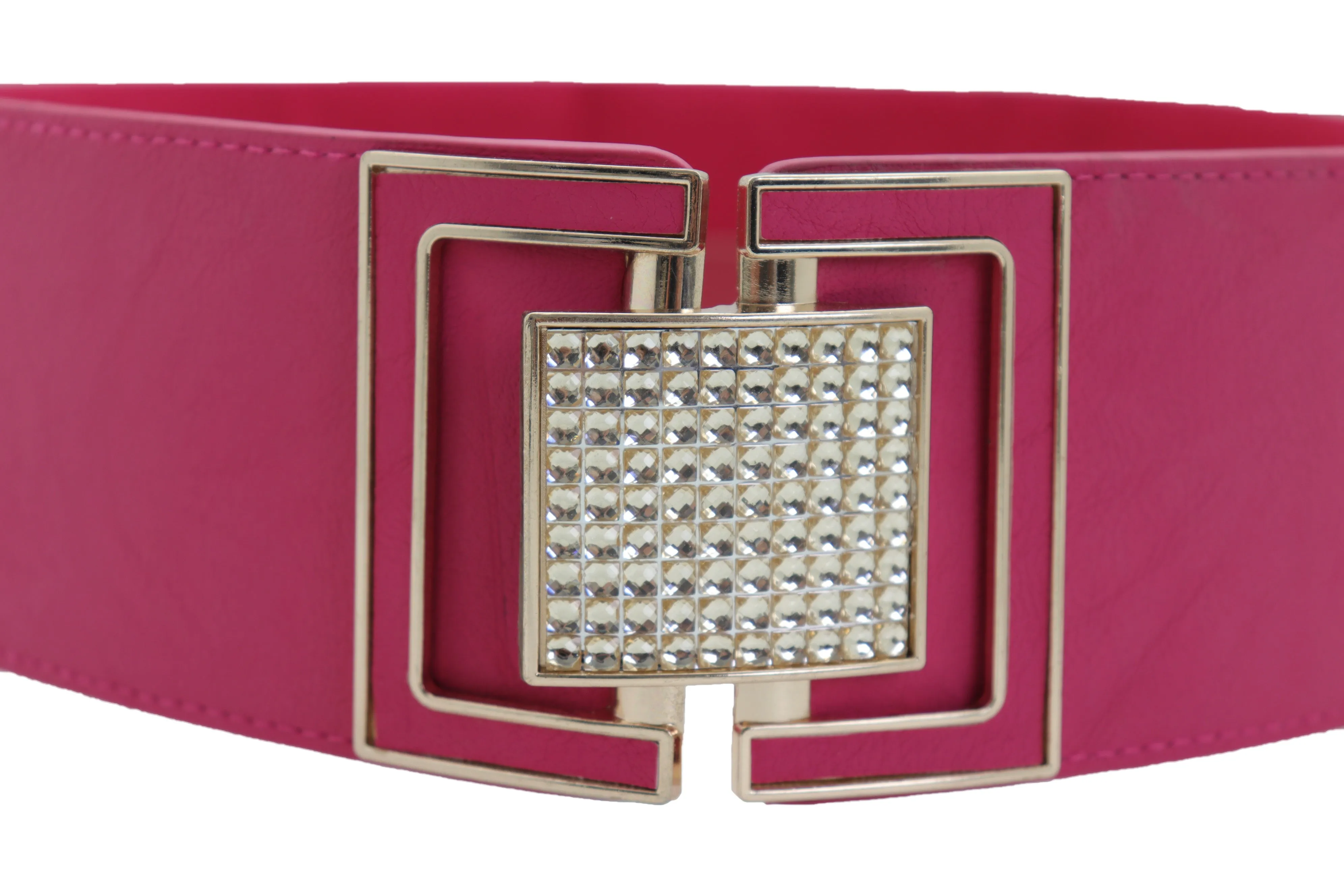 Pink Elastic Belt Gold Square Buckle Fit Size S M