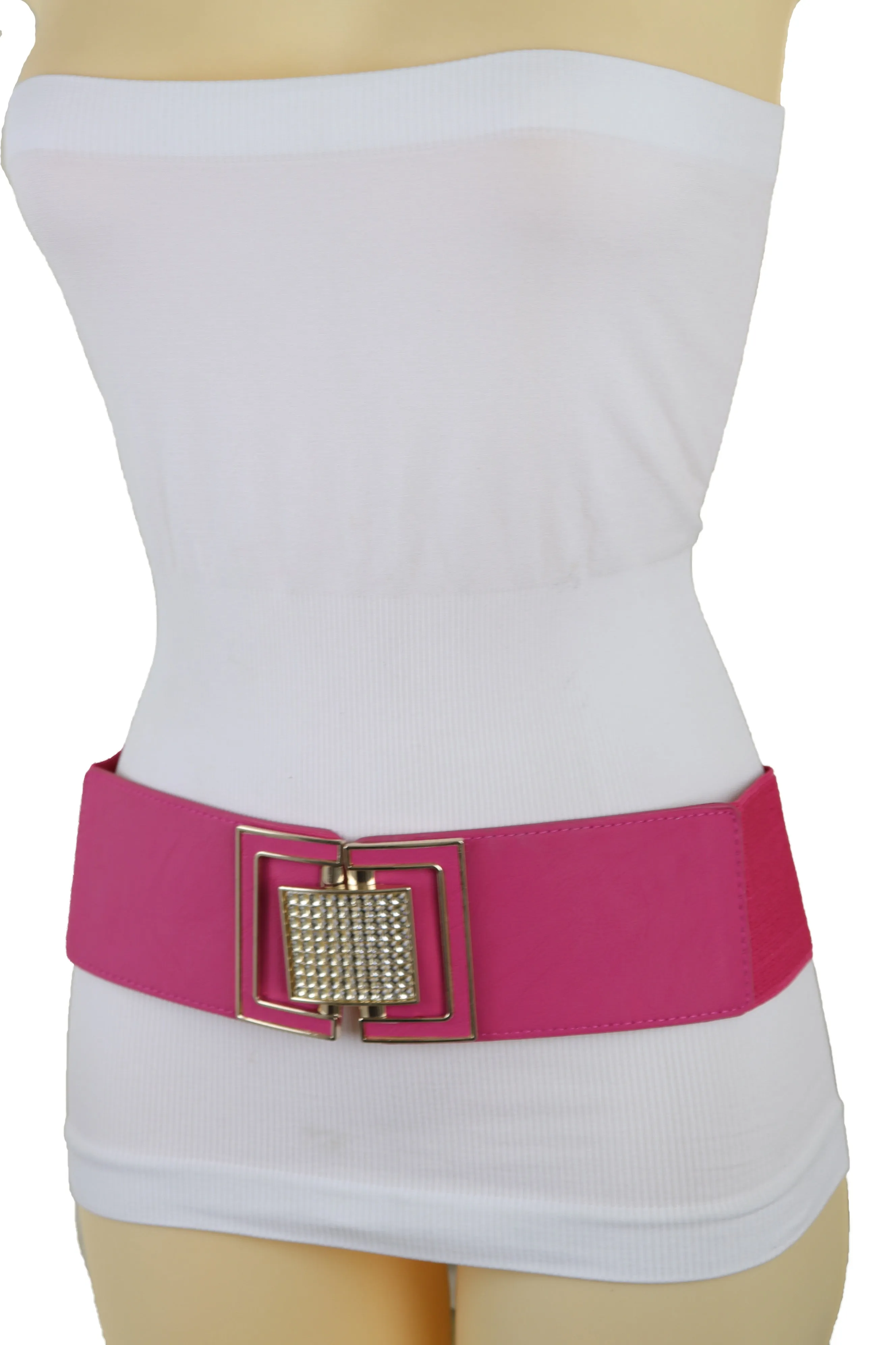 Pink Elastic Belt Gold Square Buckle Fit Size S M