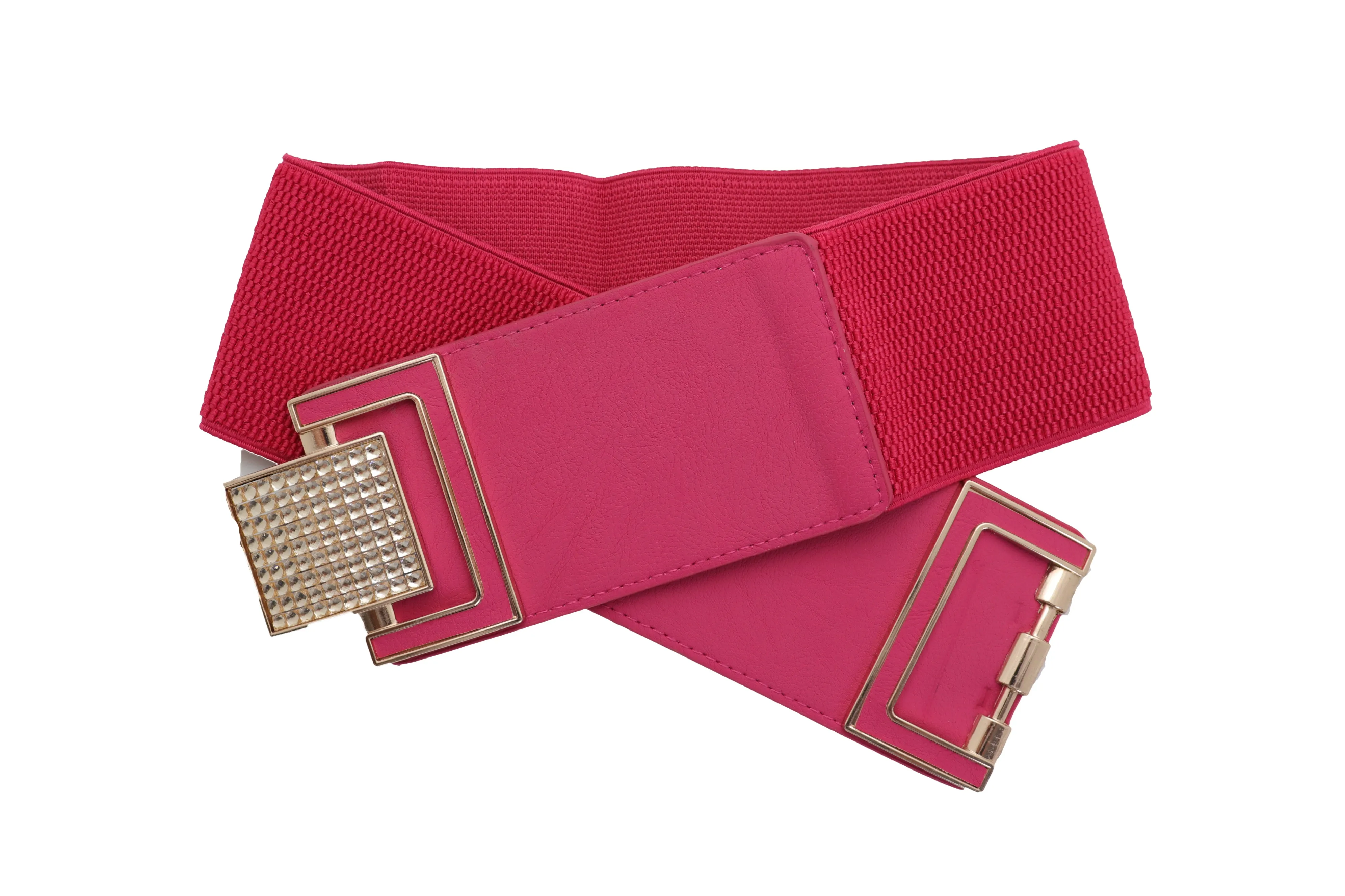 Pink Elastic Belt Gold Square Buckle Fit Size S M