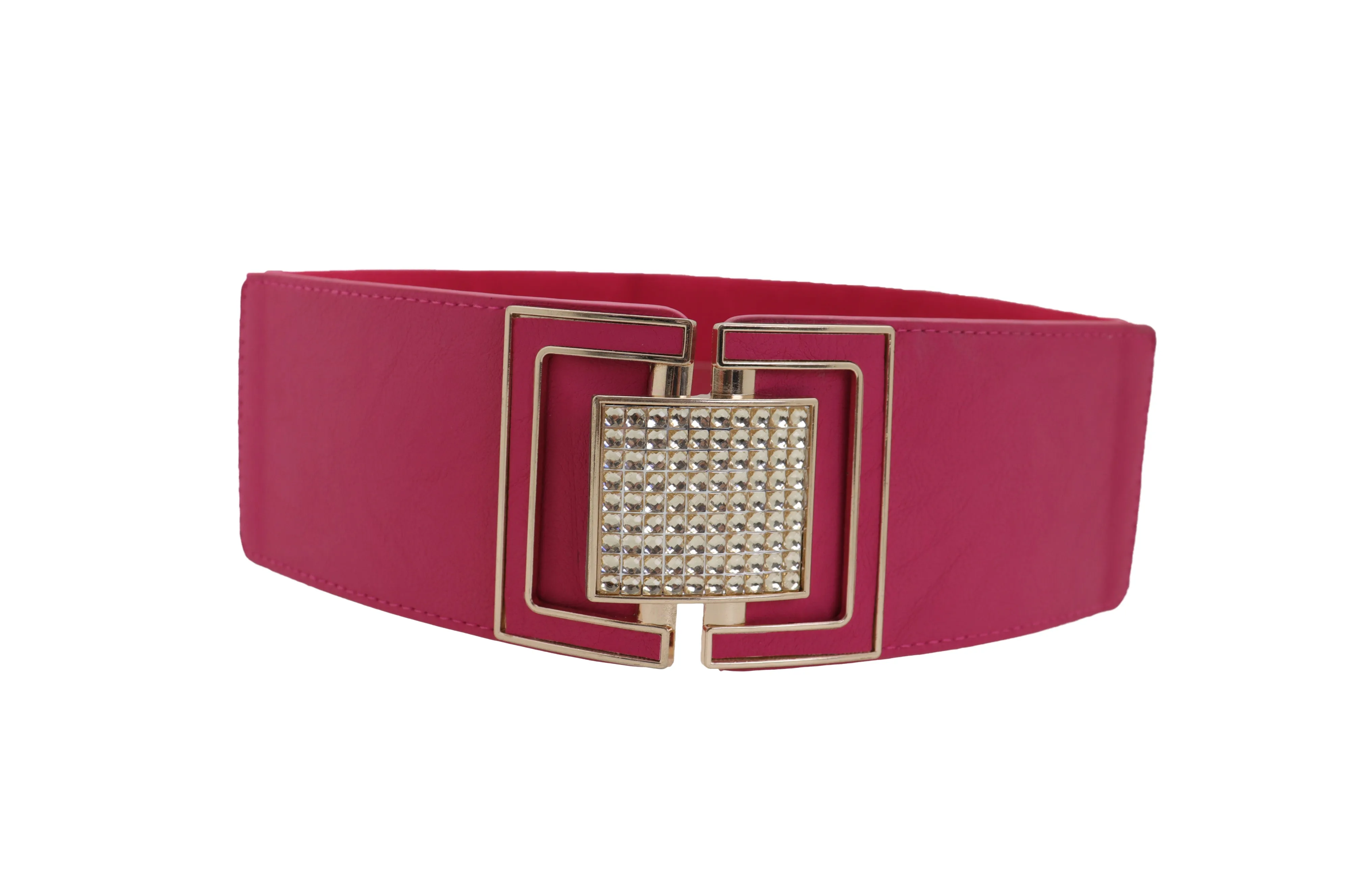 Pink Elastic Belt Gold Square Buckle Fit Size S M