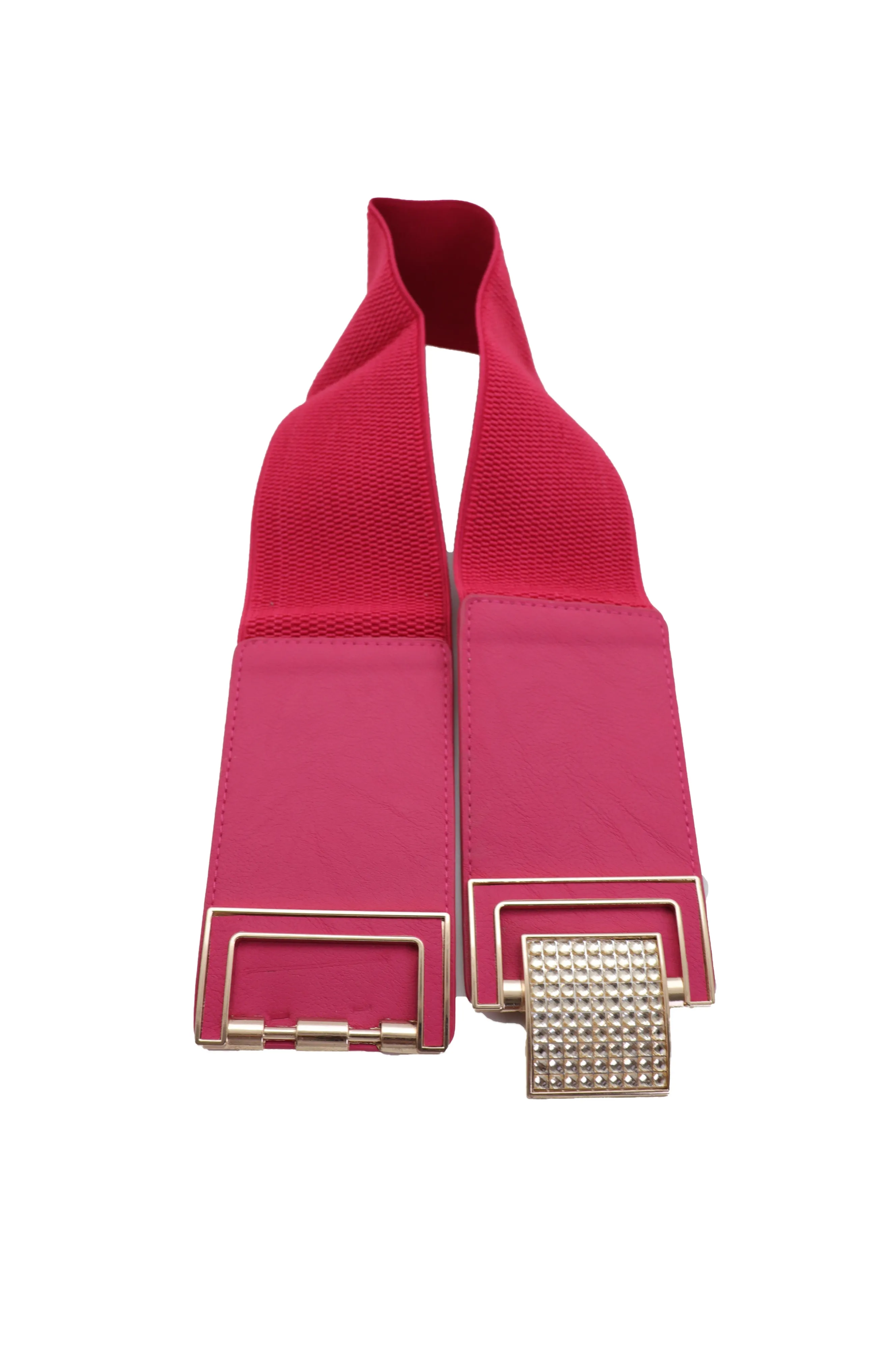 Pink Elastic Belt Gold Square Buckle Fit Size S M