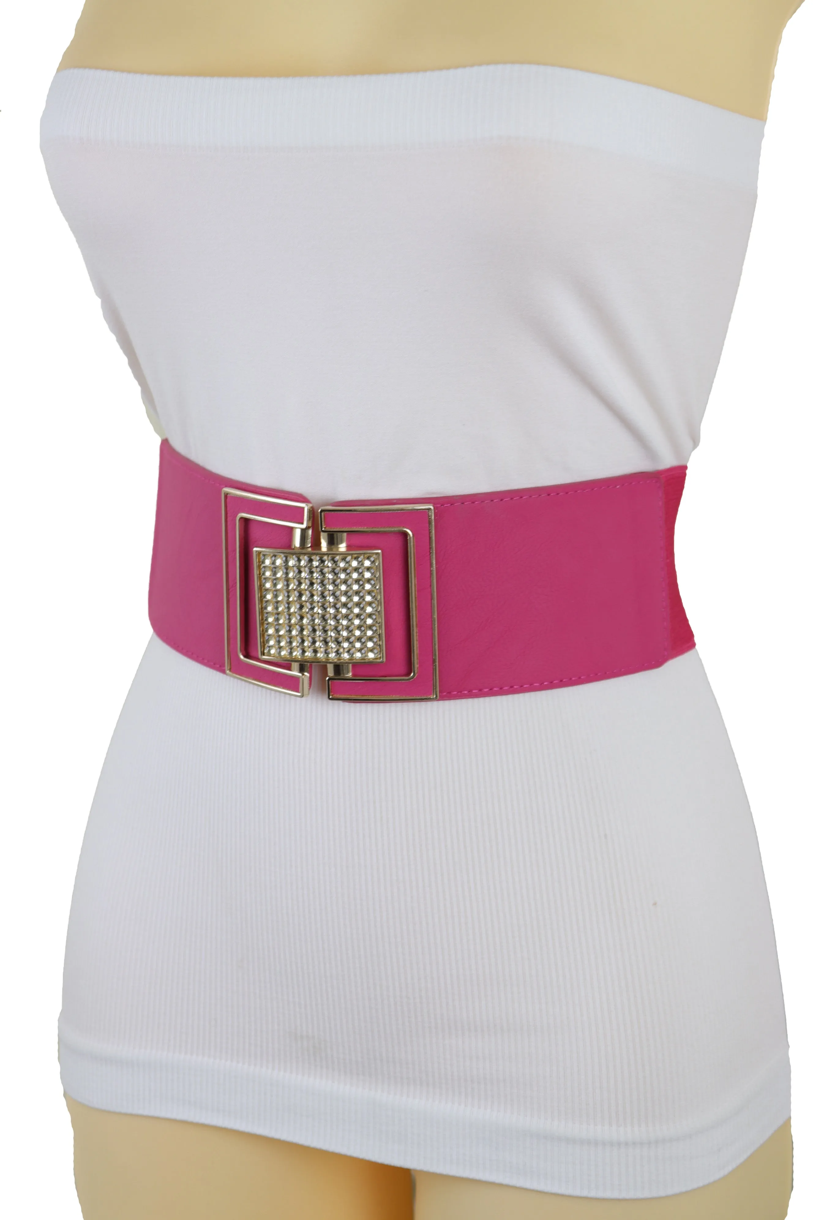 Pink Elastic Belt Gold Square Buckle Fit Size S M