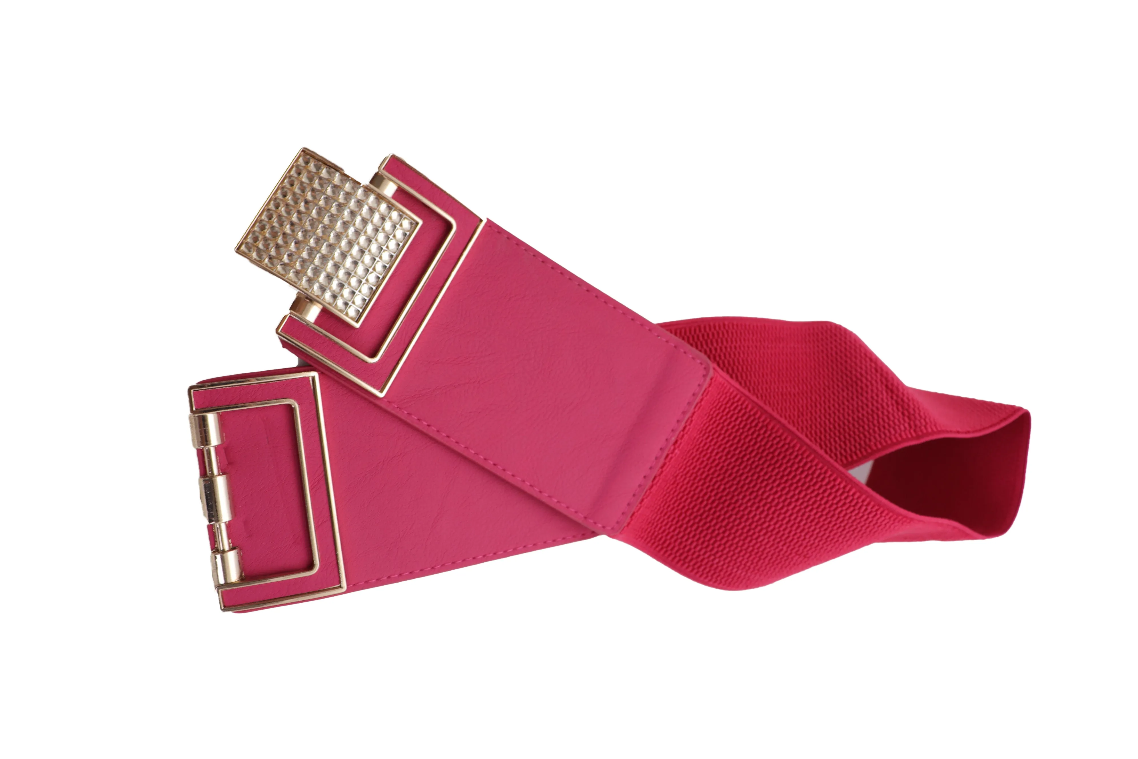 Pink Elastic Belt Gold Square Buckle Fit Size S M
