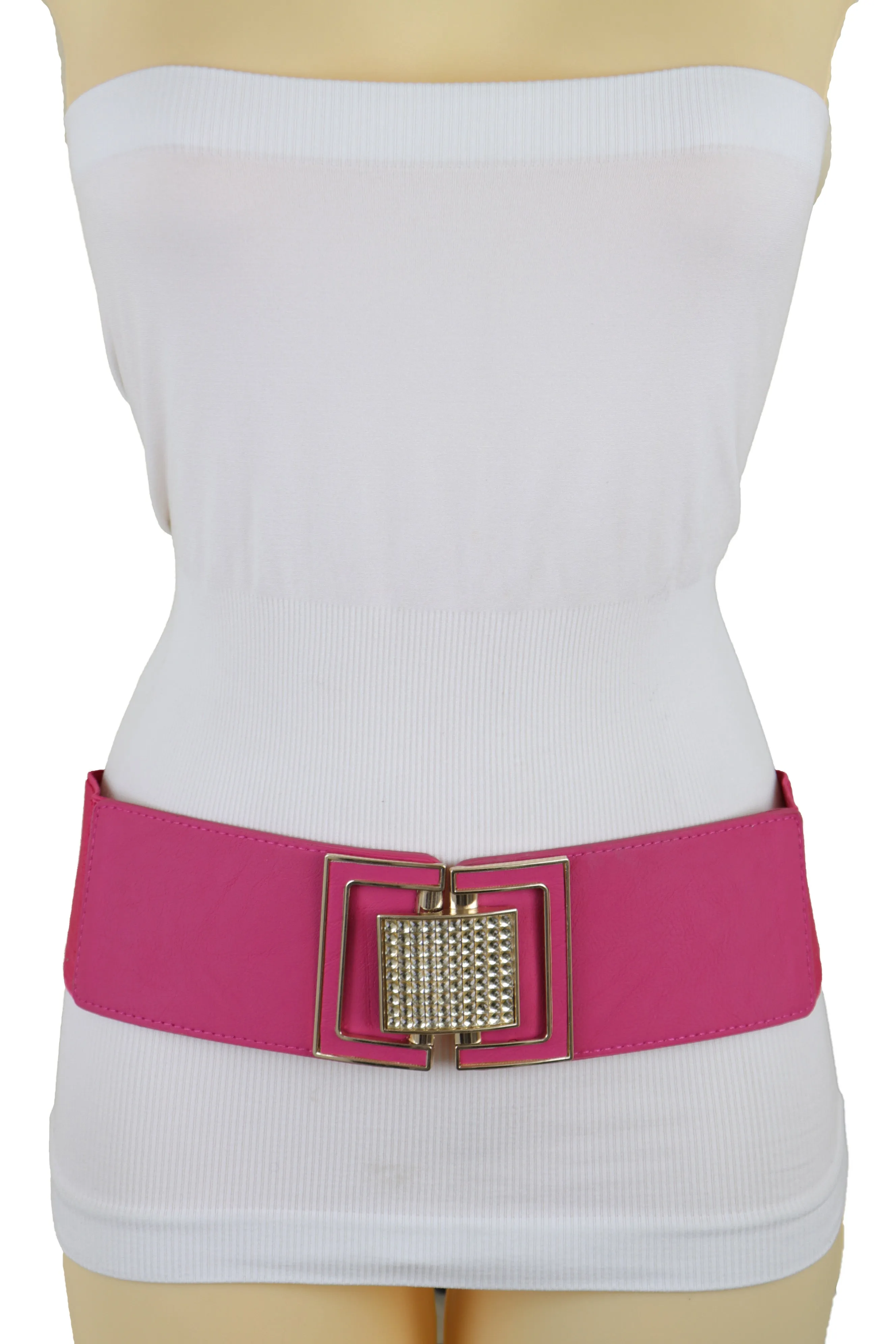 Pink Elastic Belt Gold Square Buckle Fit Size S M