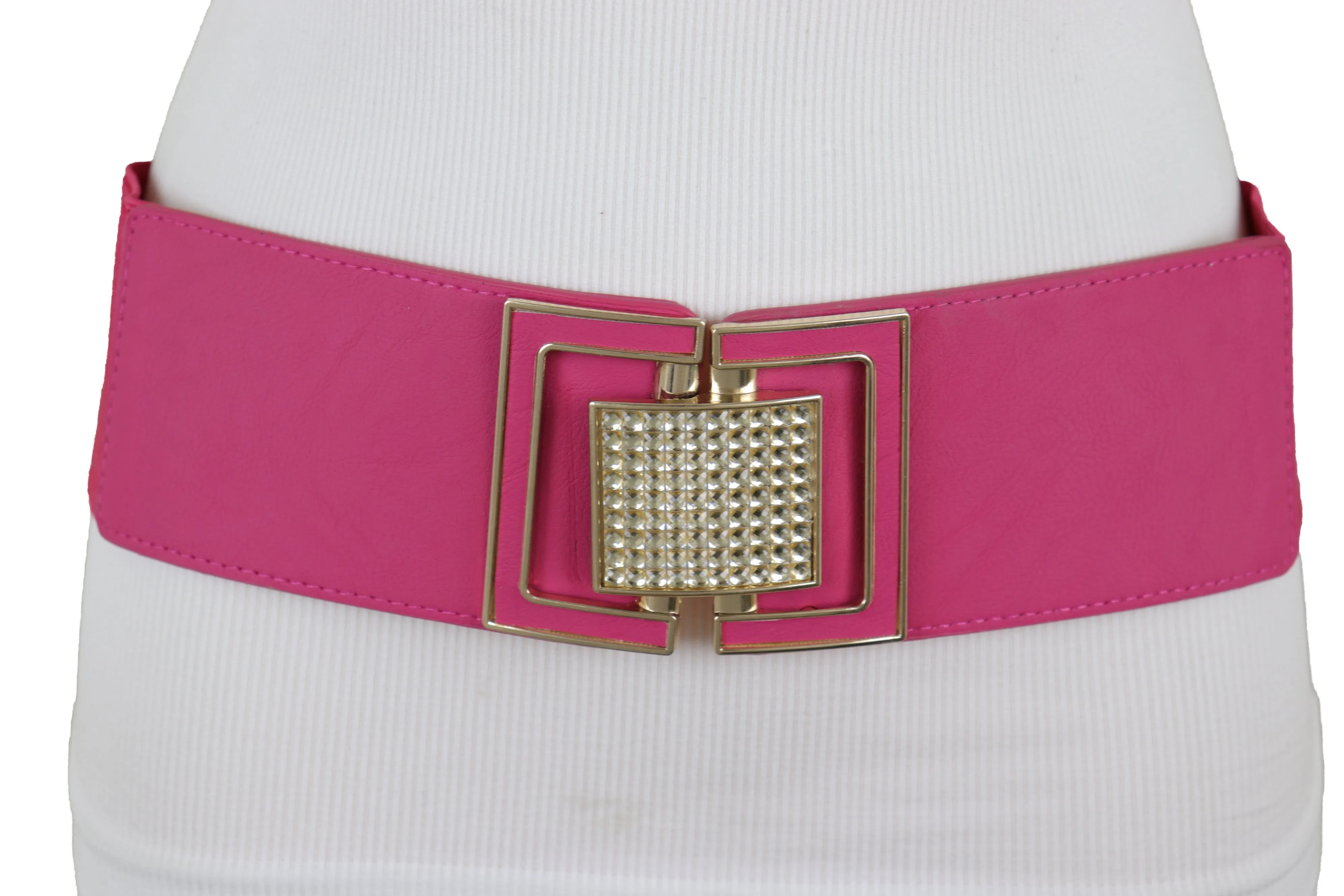 Pink Elastic Belt Gold Square Buckle Fit Size S M