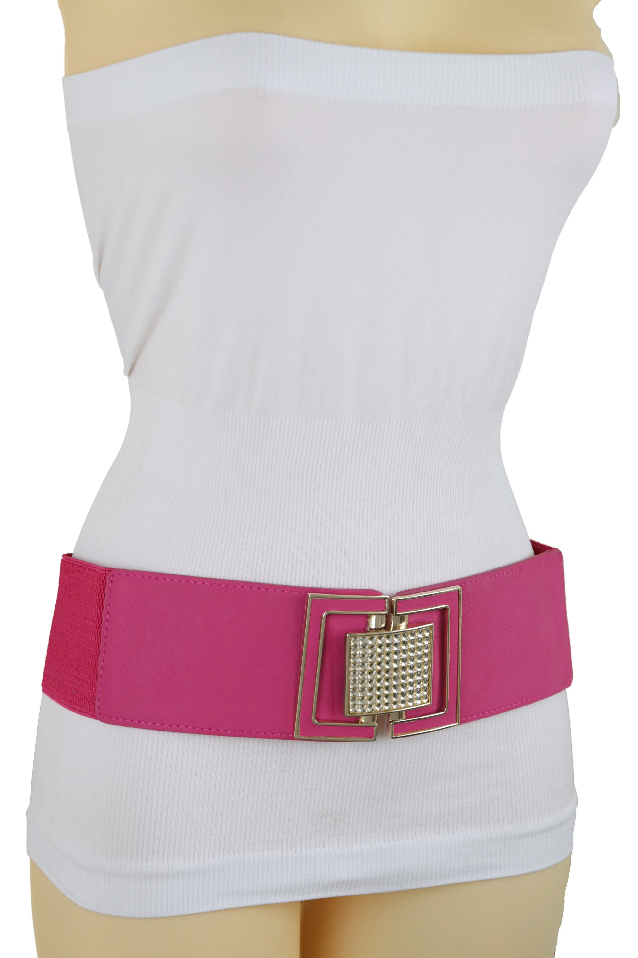 Pink Elastic Belt Gold Square Buckle Fit Size S M