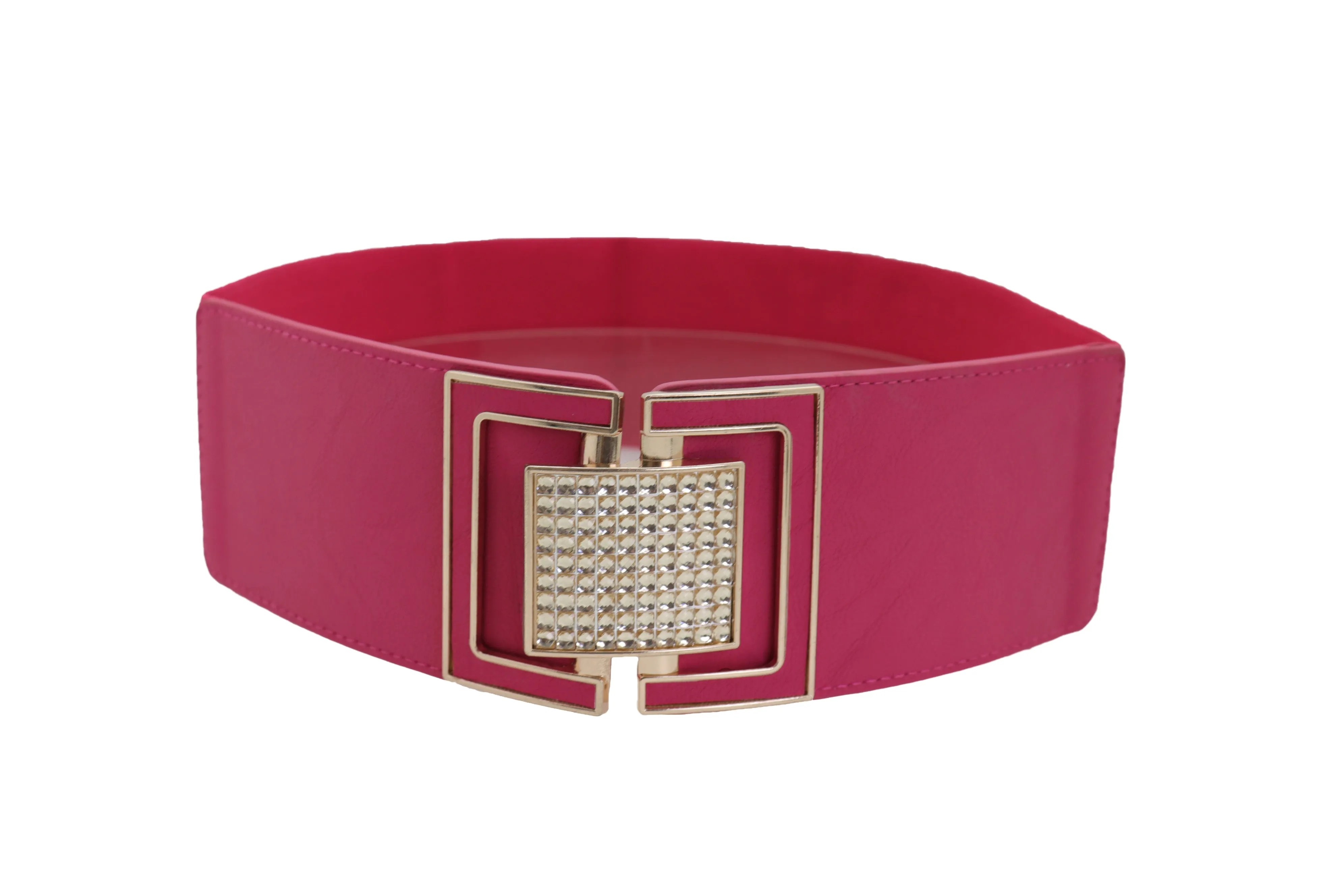 Pink Elastic Belt Gold Square Buckle Fit Size S M