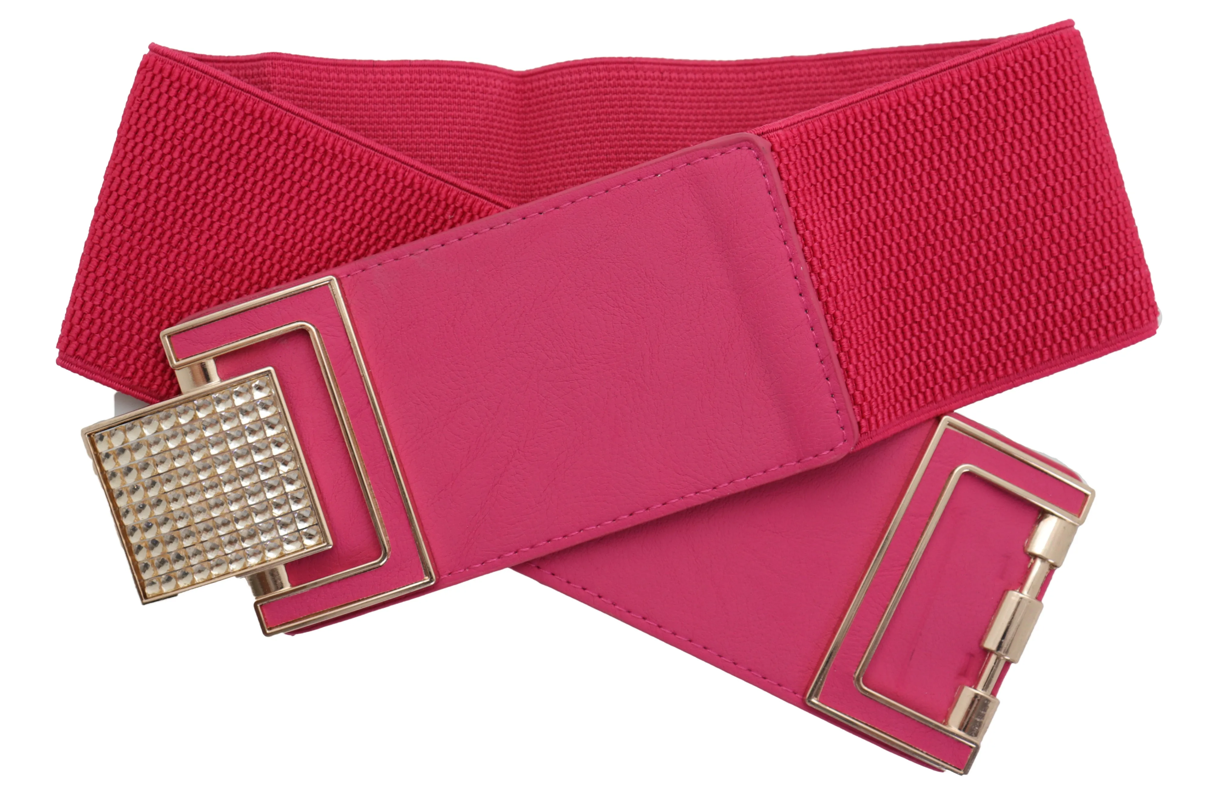 Pink Elastic Belt Gold Square Buckle Fit Size S M