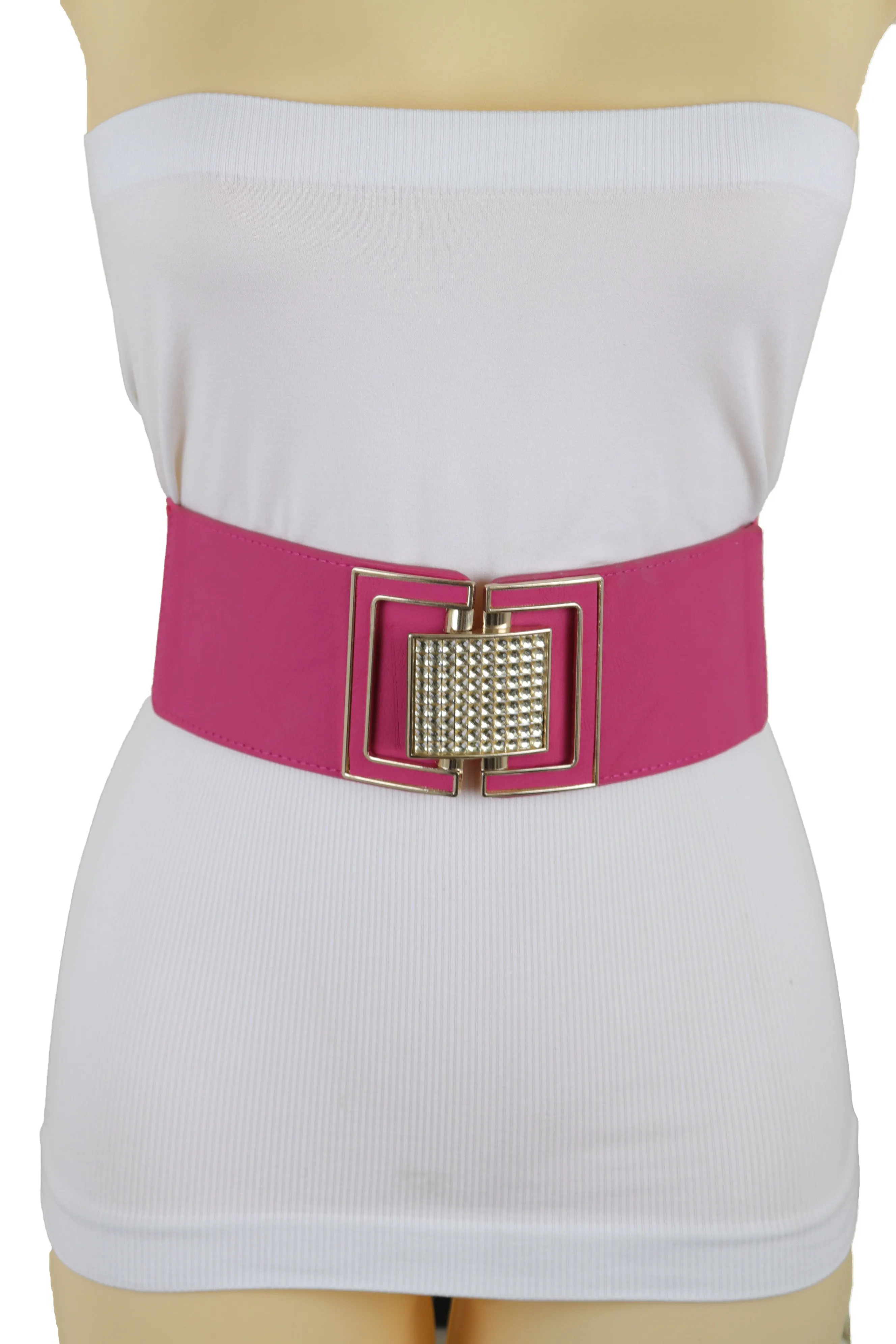 Pink Elastic Belt Gold Square Buckle Fit Size S M