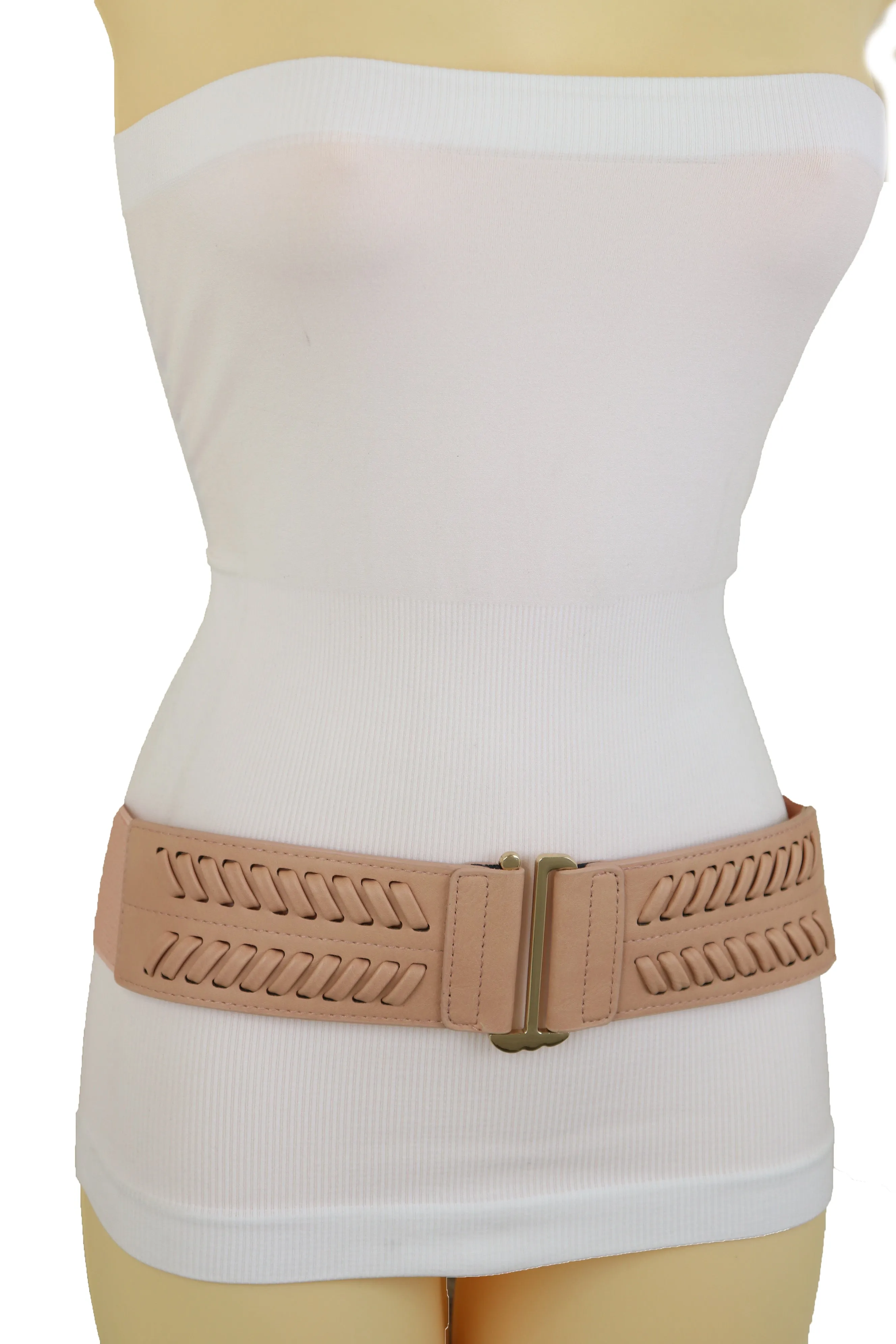 Pink Elastic Belt Gold Square Buckle Fit Size S M