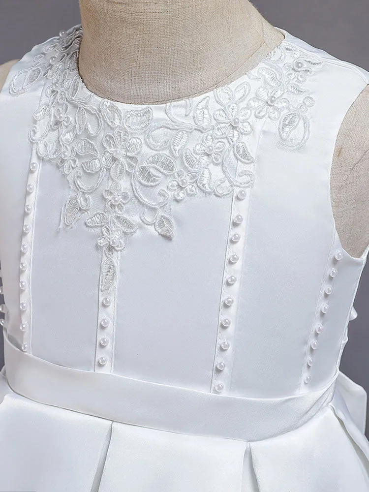 Pink Jewel Neck Sleeveless A-Line Bows Flowers Polyester Cotton Tulle Polyester Formal Kids Pageant flower girl dresses